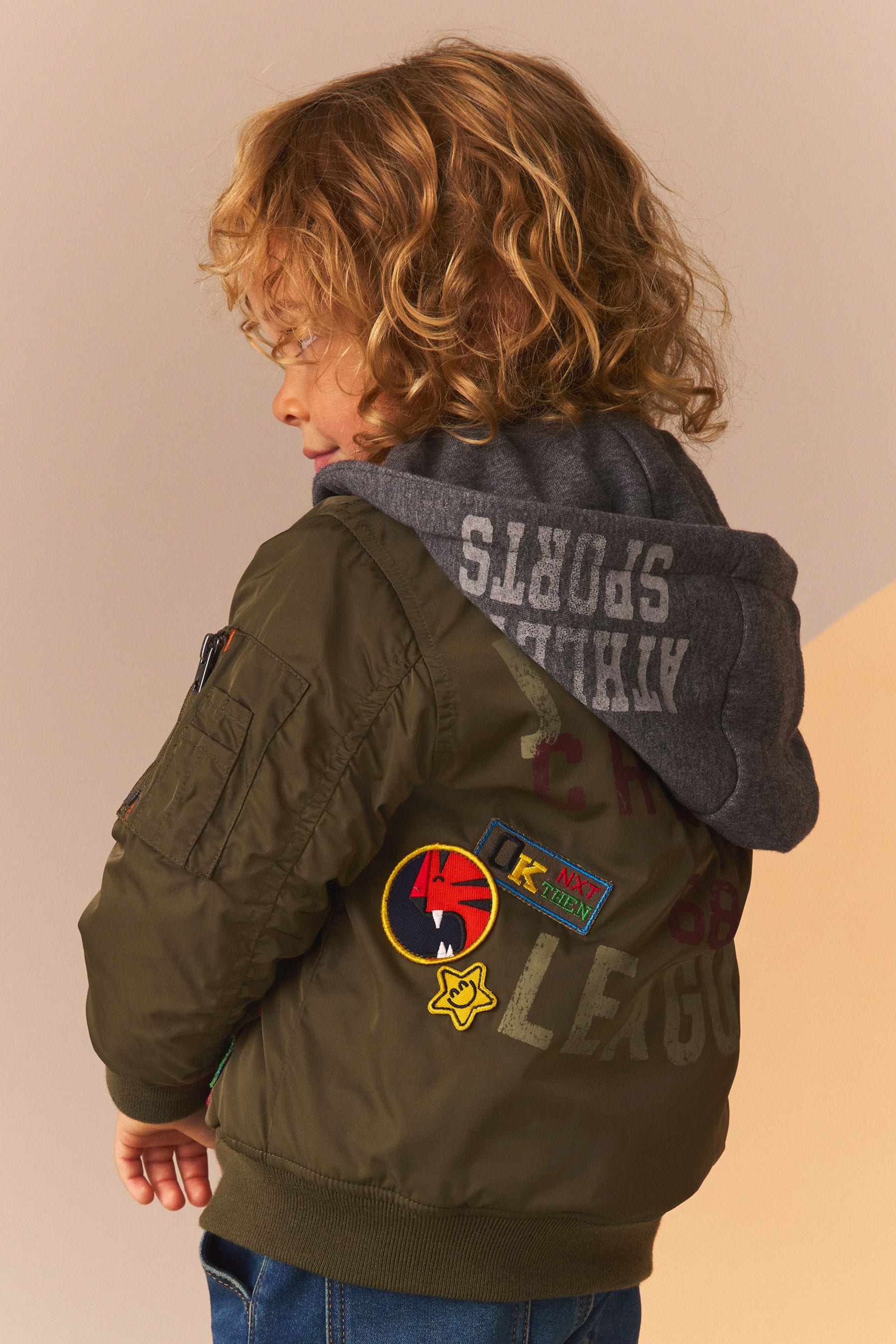 Khaki Green Badged Bomber Jacket with Jersey Hood (3mths-7yrs)