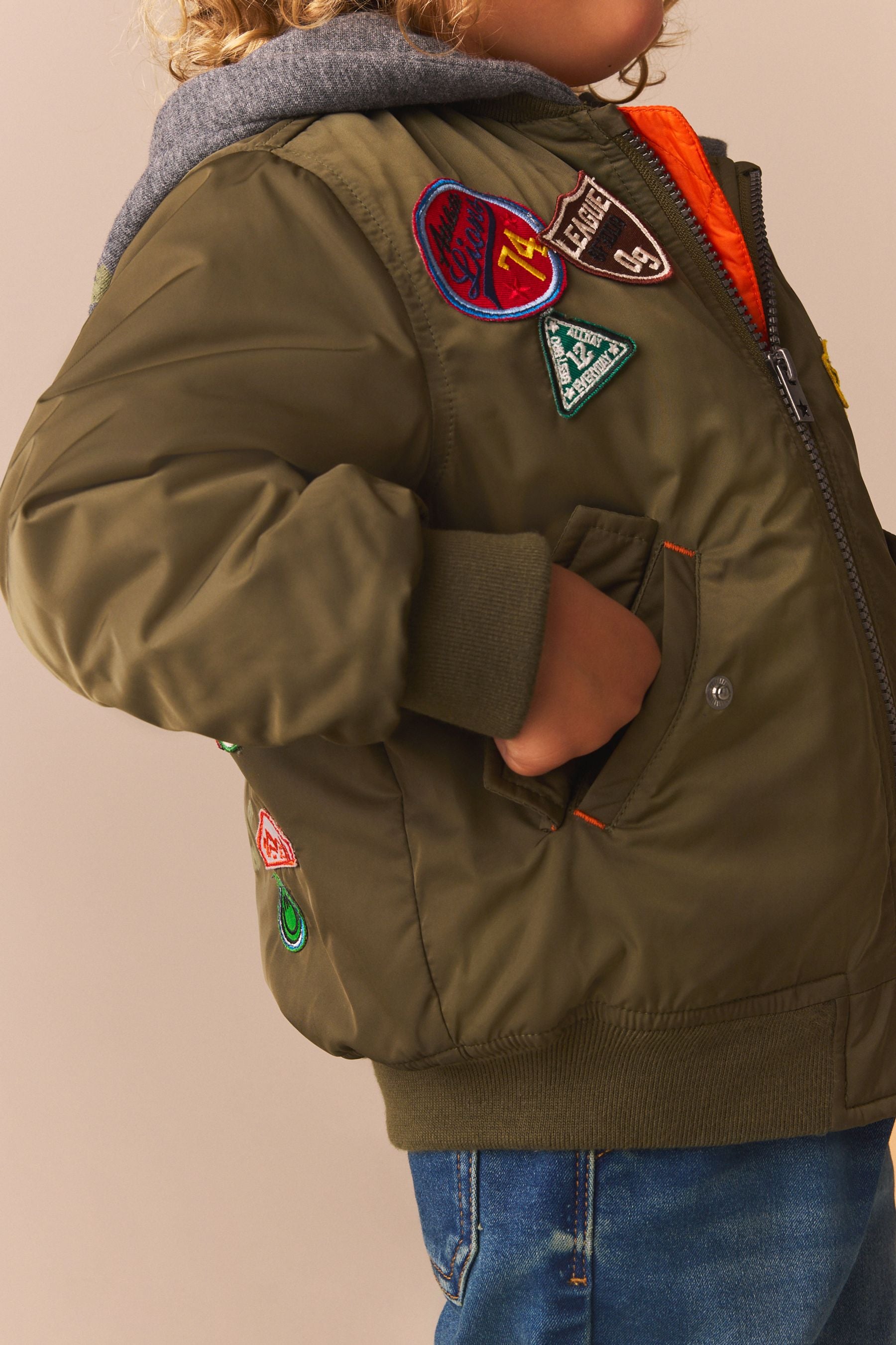 Khaki Green Badged Bomber Jacket with Jersey Hood (3mths-7yrs)