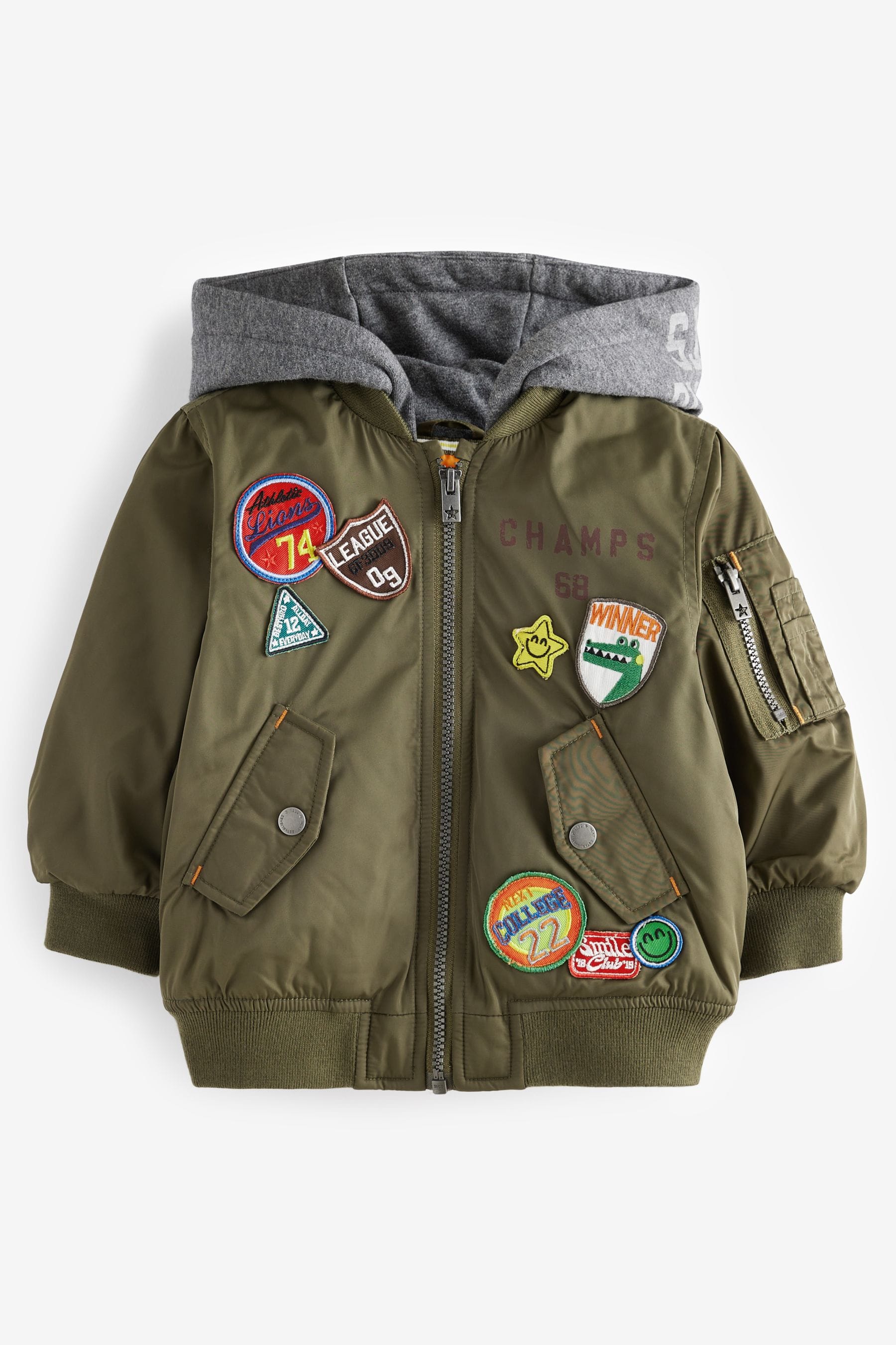 Khaki Green Badged Bomber Jacket with Jersey Hood (3mths-7yrs)