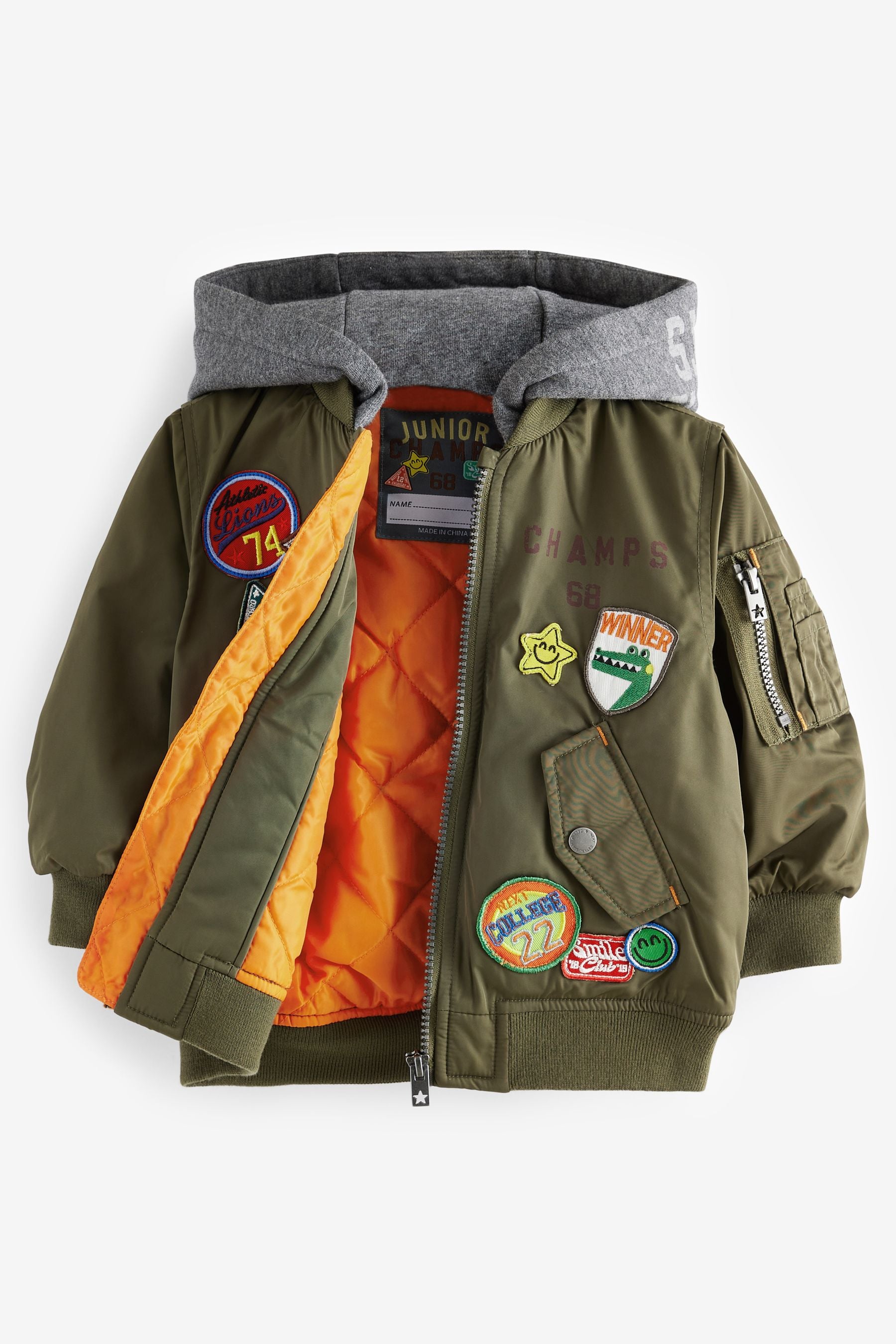 Khaki Green Badged Bomber Jacket with Jersey Hood (3mths-7yrs)