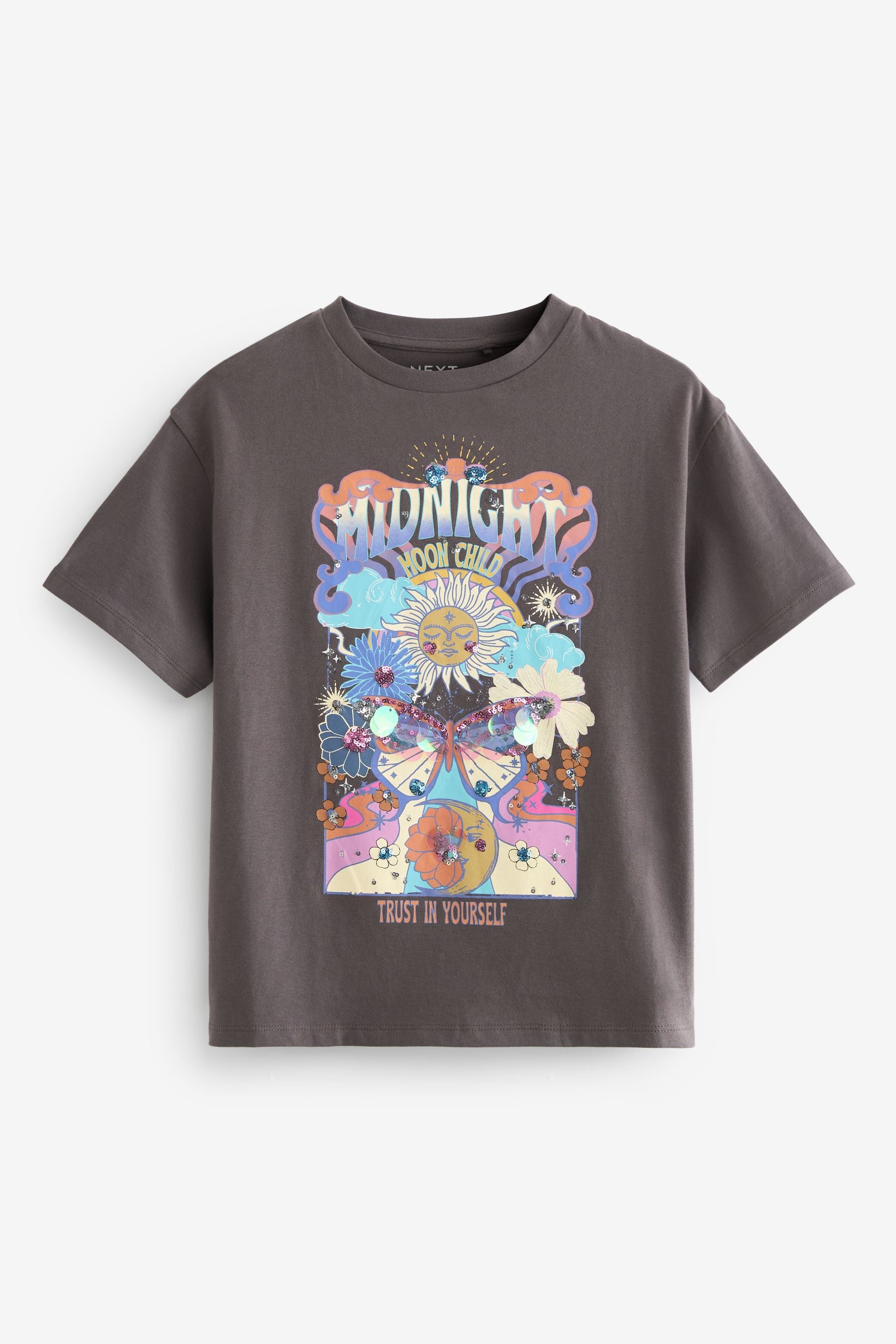 Charcoal Grey Oversized Embellished 100% Cotton Graphic T-Shirt (3-16yrs)