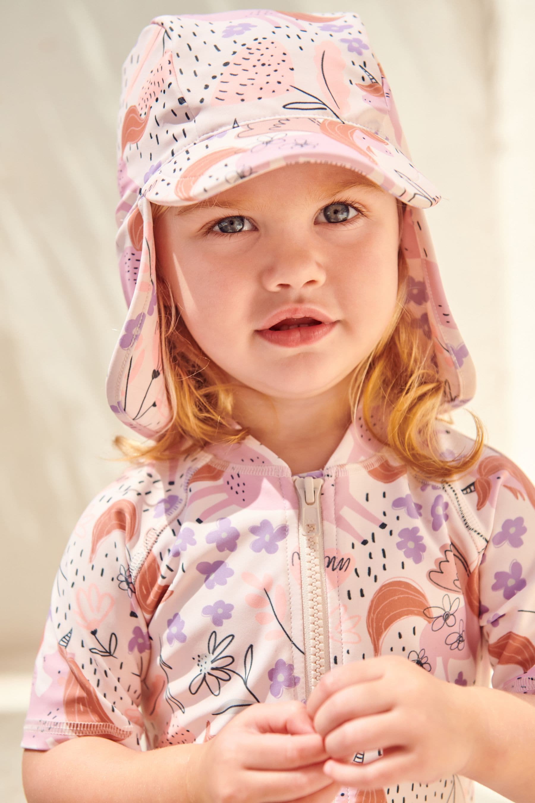 Ecru/Pink Unicorn Swim Legionnaire Hat (3mths-10yrs)