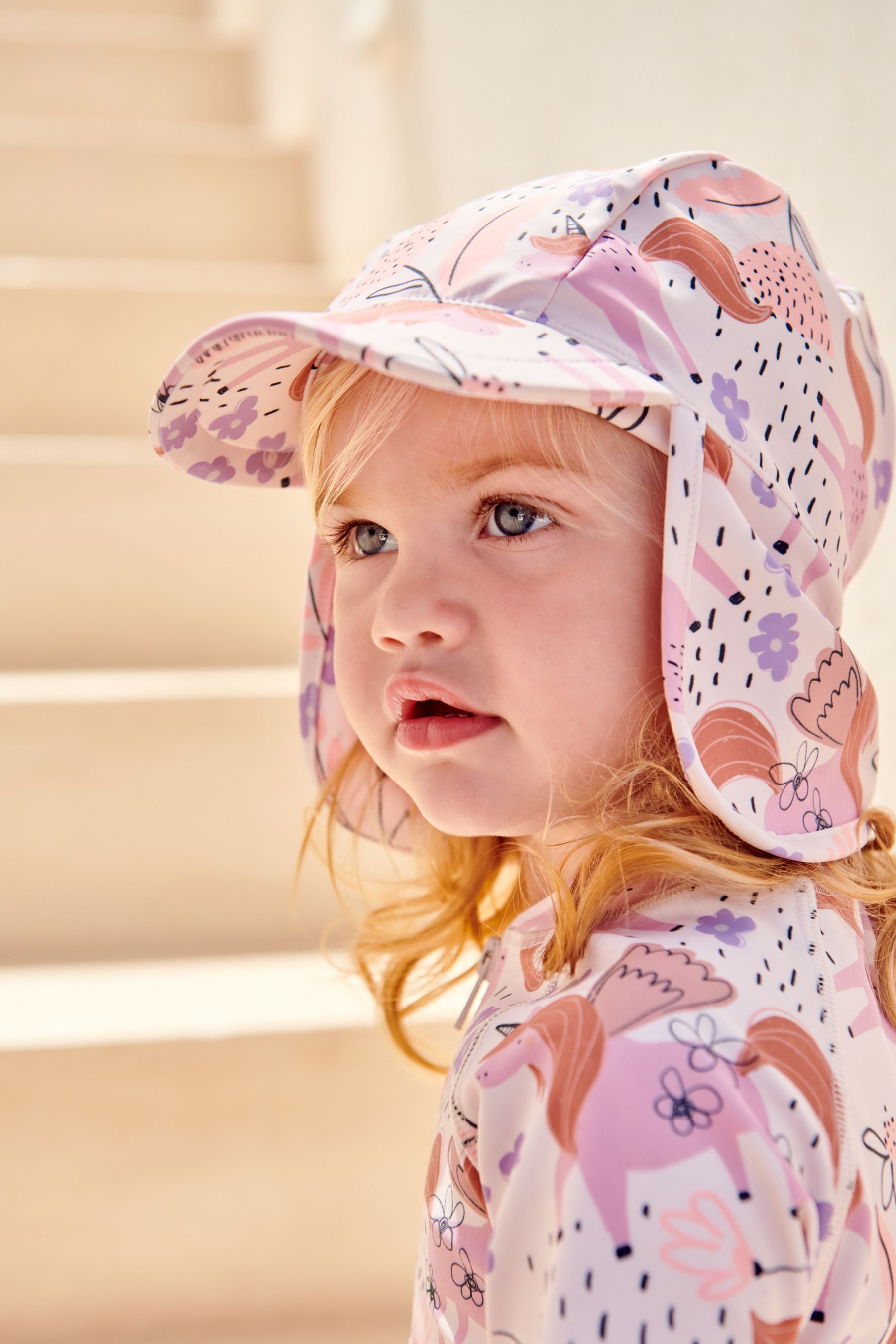 Ecru/Pink Unicorn Swim Legionnaire Hat (3mths-10yrs)