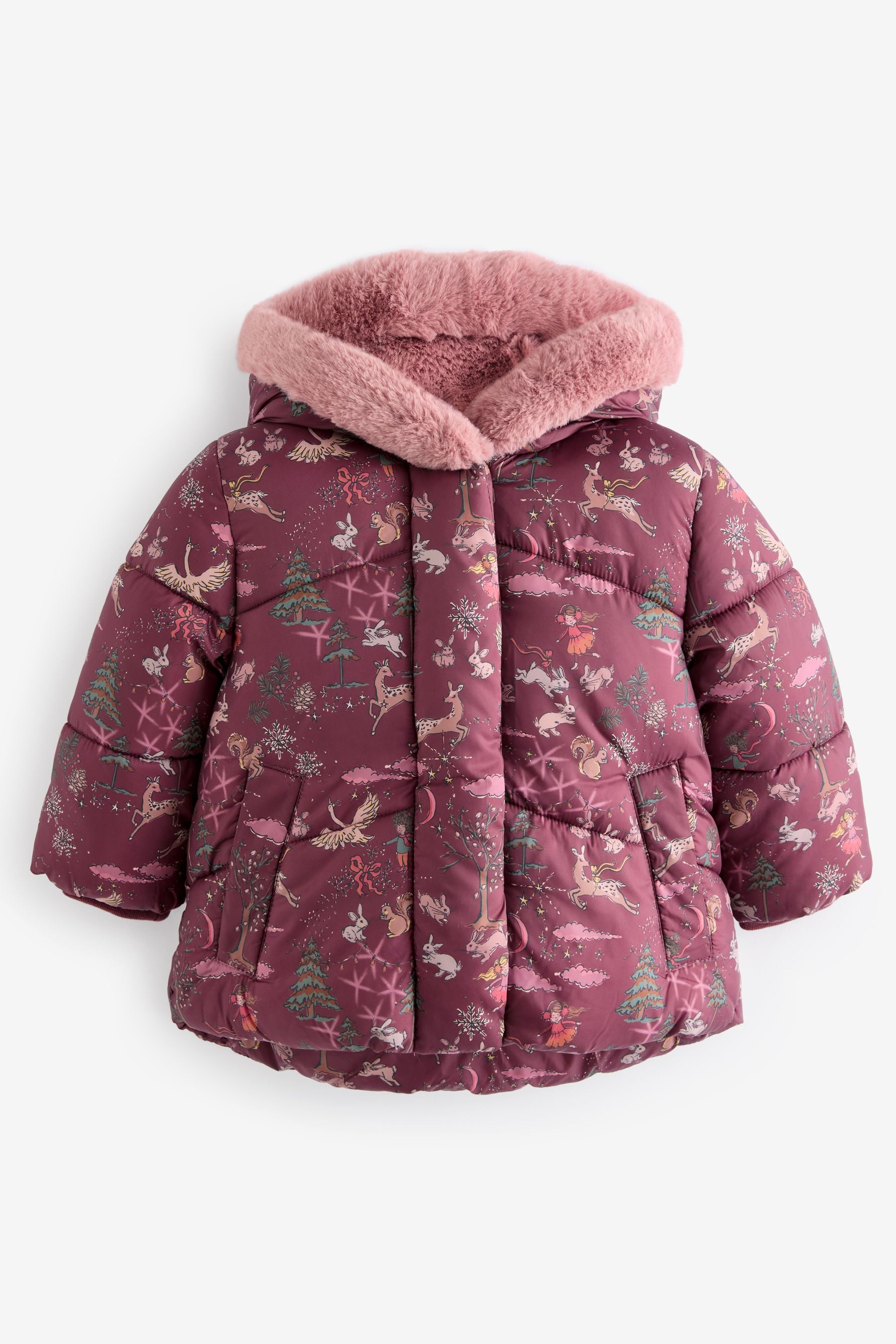 Berry Red Shower Resistant Faux Fur Lined Hooded Padded Coat (3mths-7yrs)