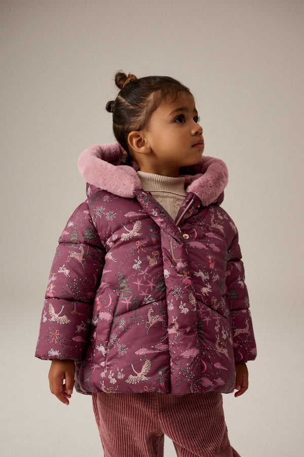 Berry Red Shower Resistant Faux Fur Lined Hooded Padded Coat (3mths-7yrs)