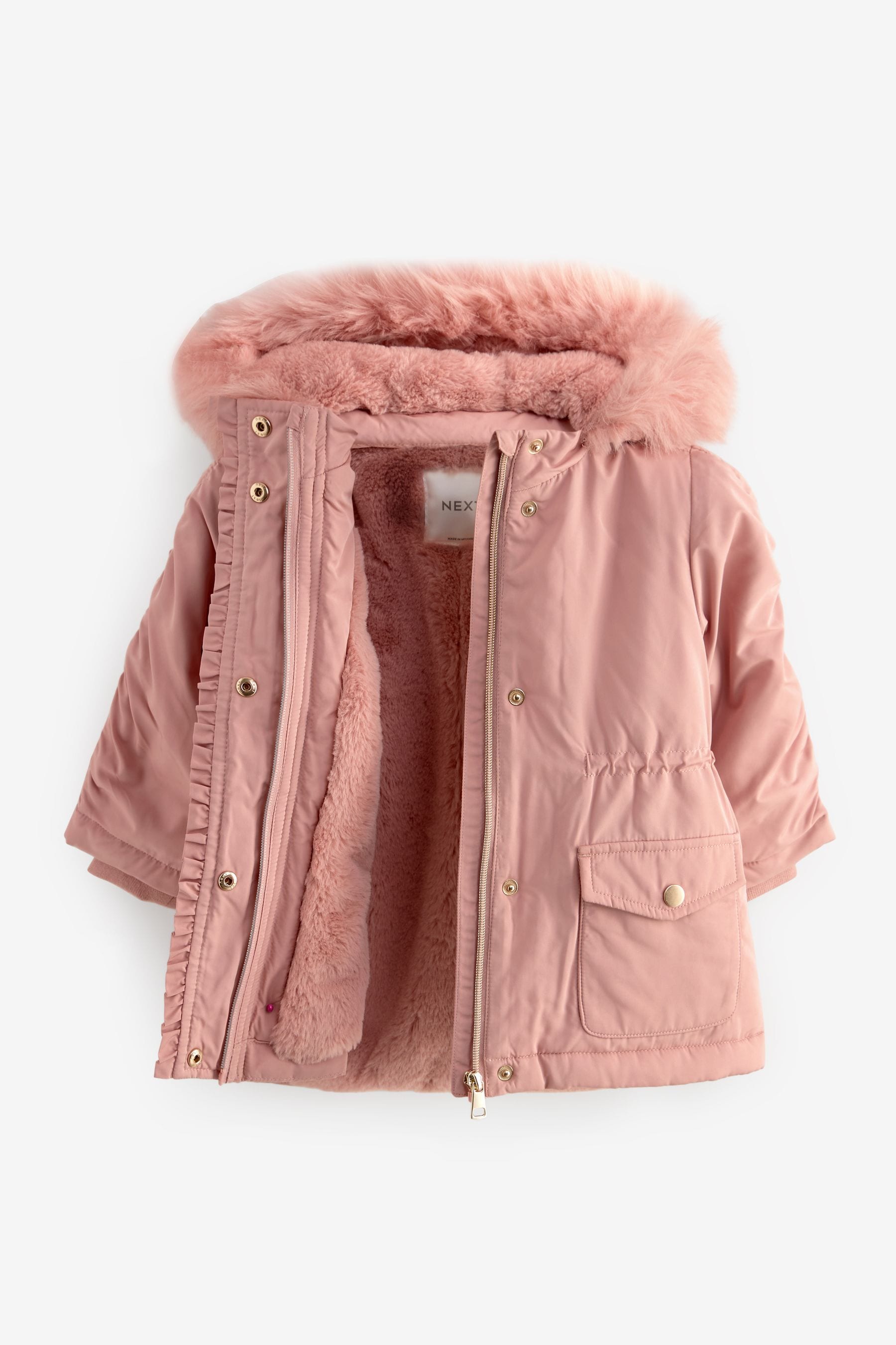 Pink Shower Resistant Frill Pocket Parka Coat (3mths-7yrs)