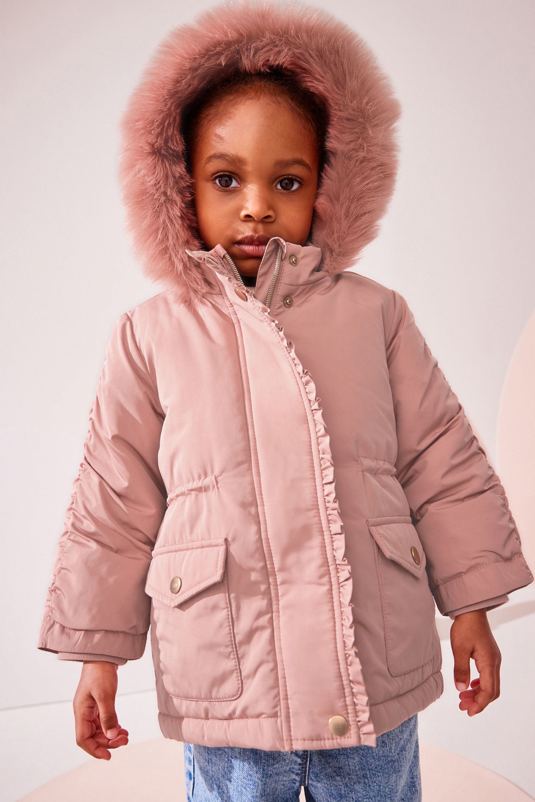 Pink Shower Resistant Frill Pocket Parka Coat (3mths-7yrs)