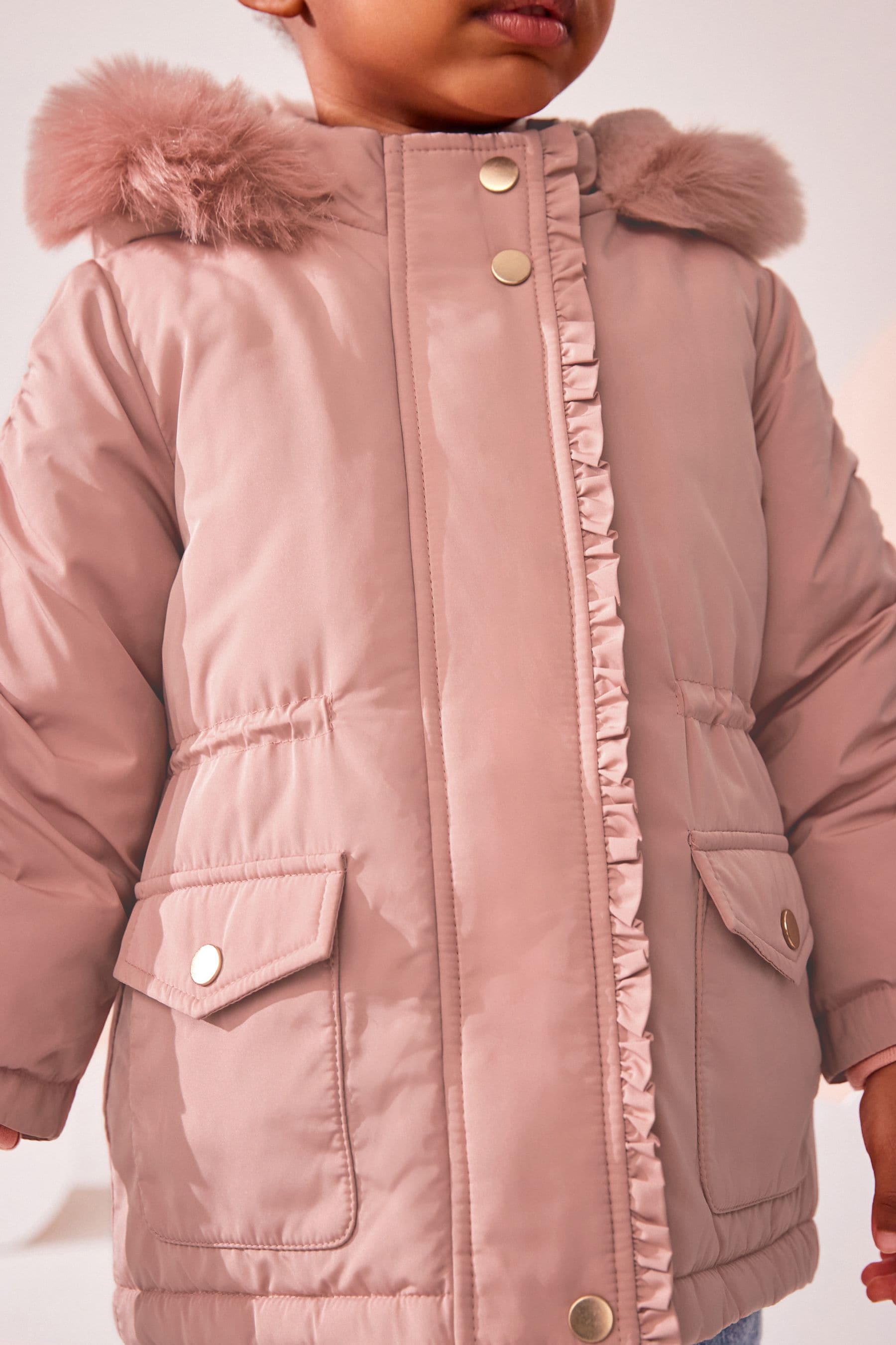 Pink Shower Resistant Frill Pocket Parka Coat (3mths-7yrs)