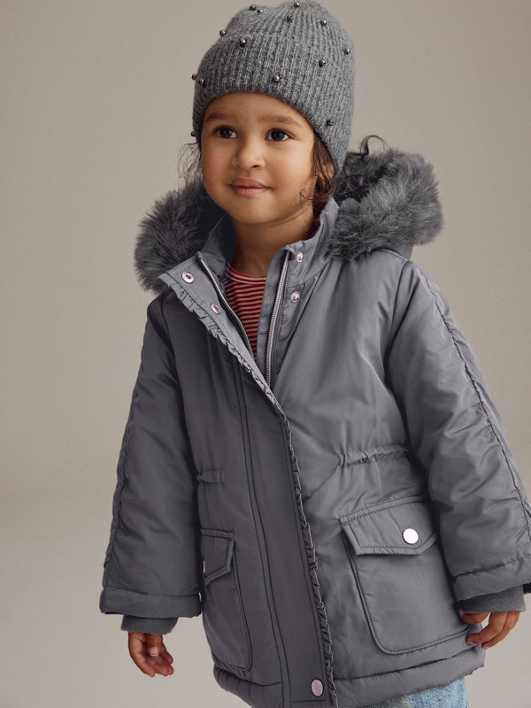 Charcoal Grey Shower Resistant Frill Pocket Parka Coat (3mths-7yrs)