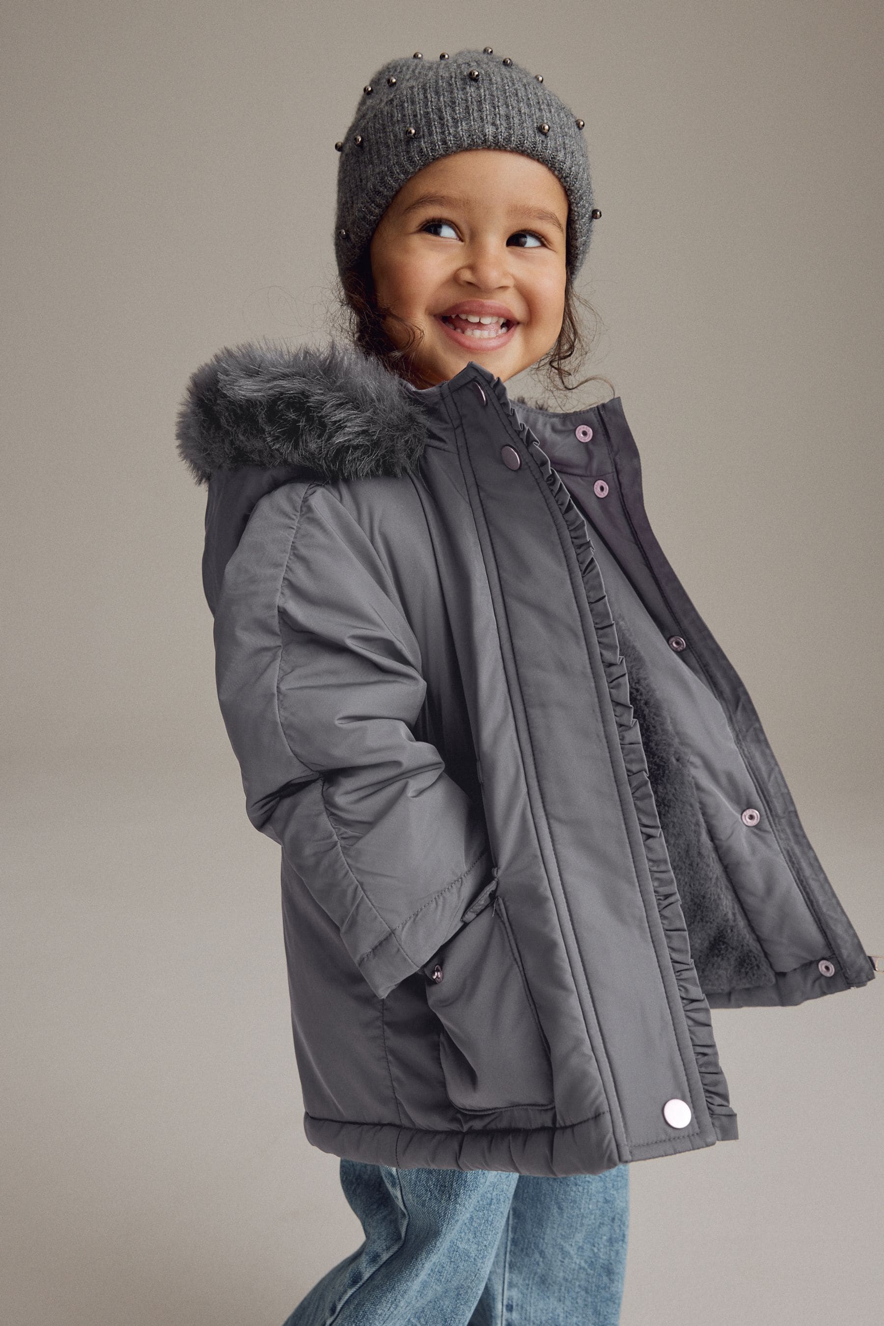 Charcoal Grey Shower Resistant Frill Pocket Parka Coat (3mths-7yrs)