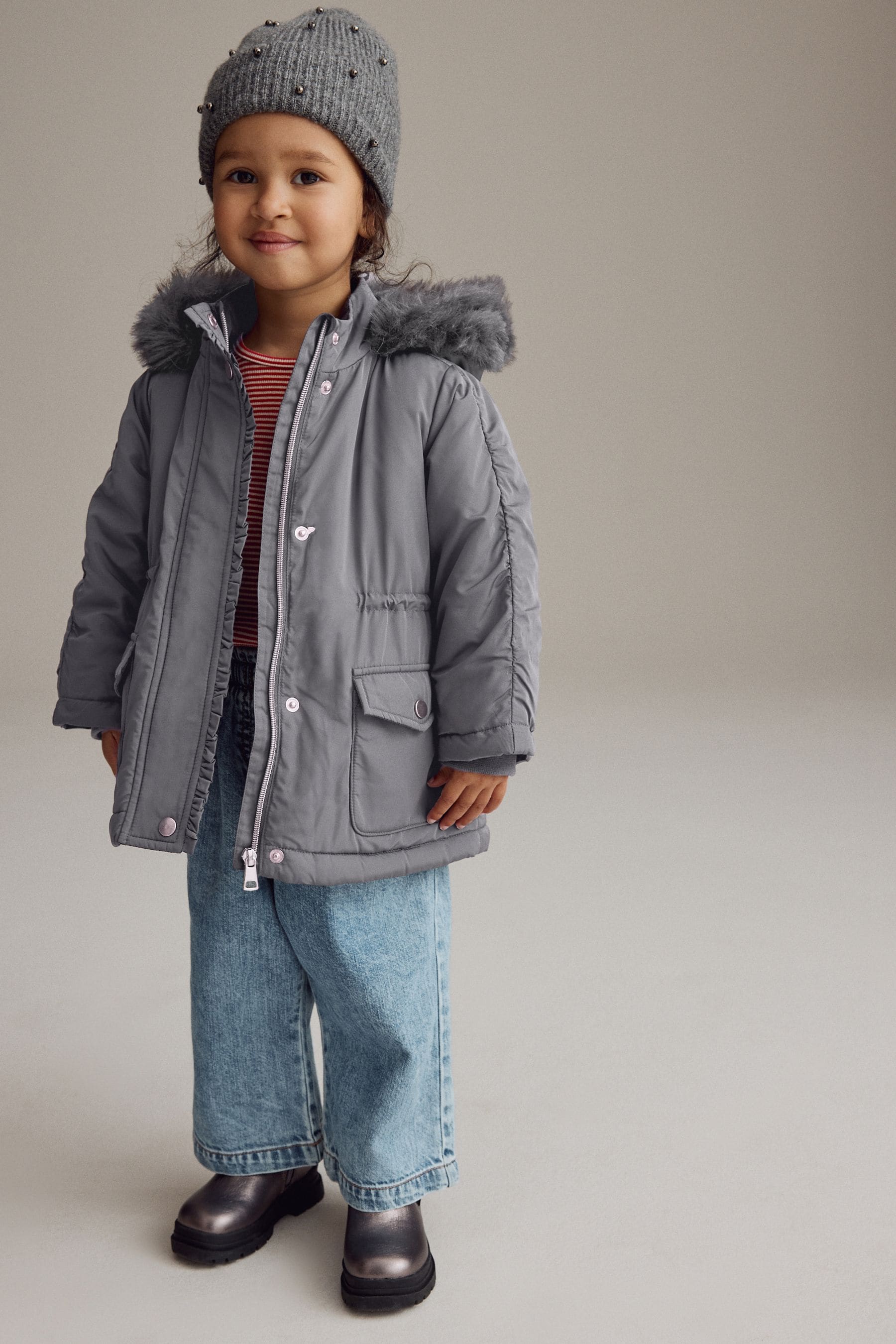 Charcoal Grey Shower Resistant Frill Pocket Parka Coat (3mths-7yrs)