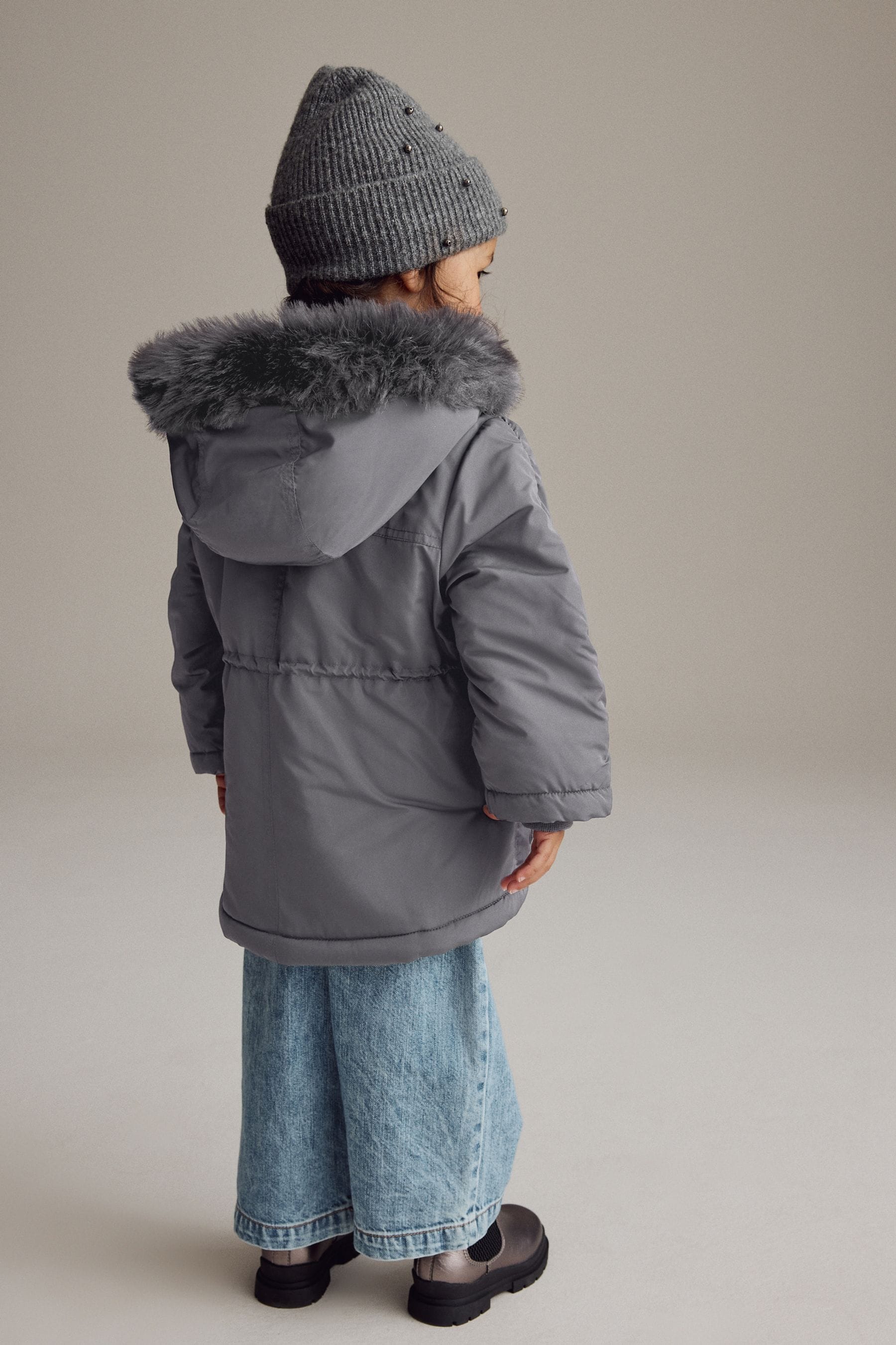 Charcoal Grey Shower Resistant Frill Pocket Parka Coat (3mths-7yrs)