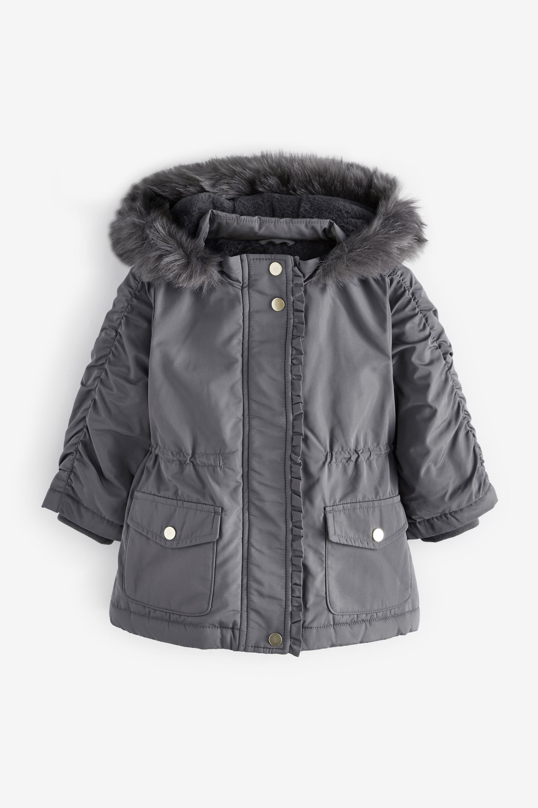 Charcoal Grey Shower Resistant Frill Pocket Parka Coat (3mths-7yrs)