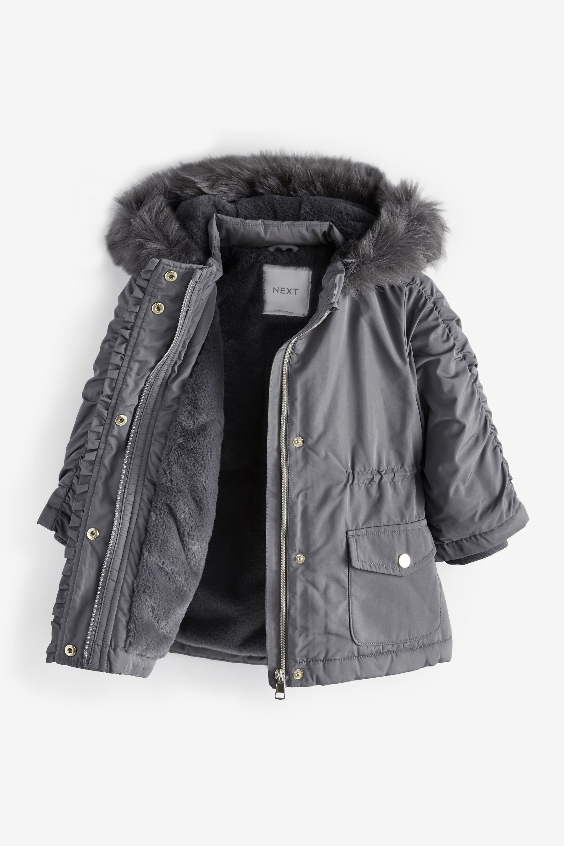 Charcoal Grey Shower Resistant Frill Pocket Parka Coat (3mths-7yrs)