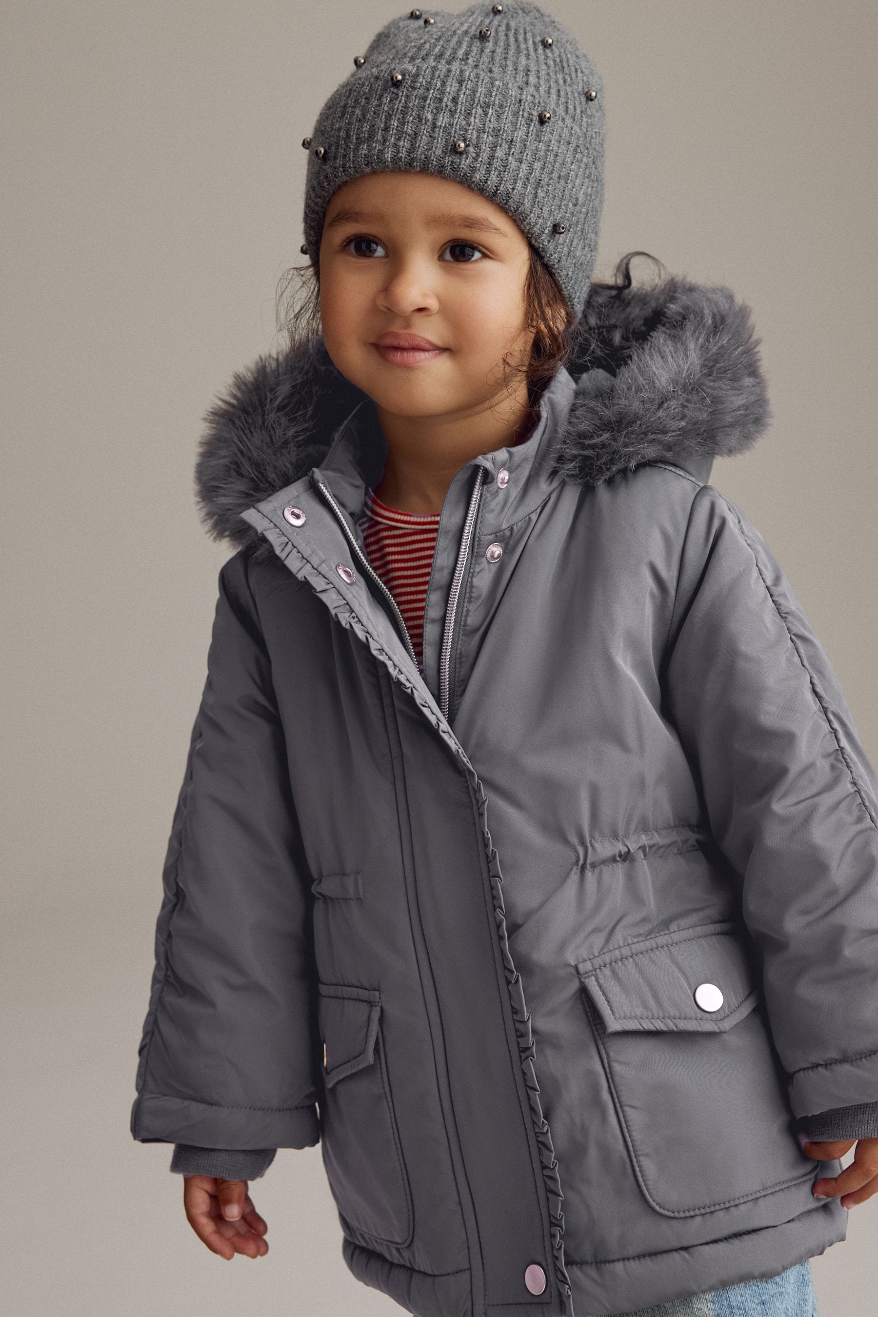 Charcoal Grey Shower Resistant Frill Pocket Parka Coat (3mths-7yrs)