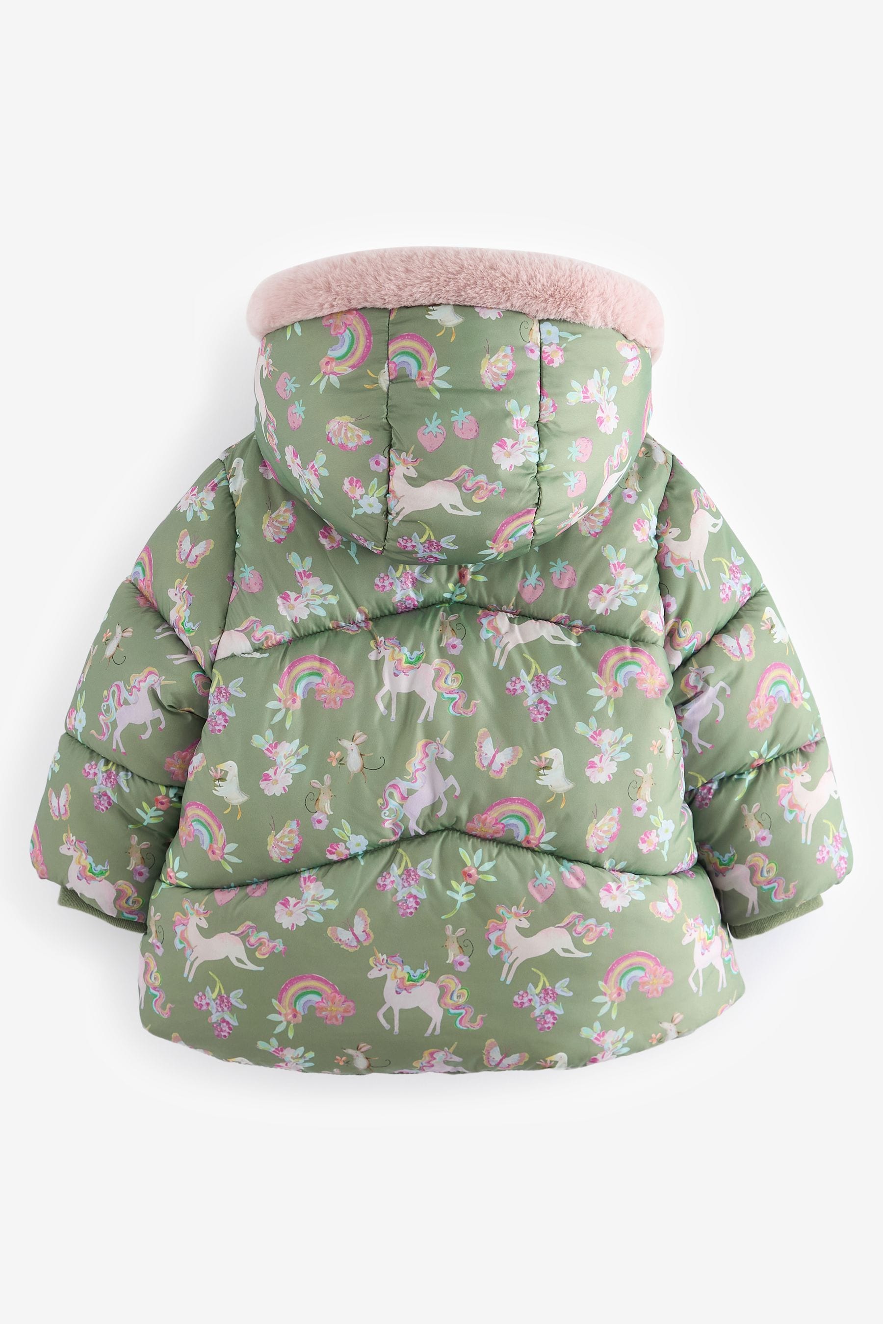 Khaki Unicorn Shower Resistant Faux Fur Lined Hooded Padded Coat (3mths-7yrs)