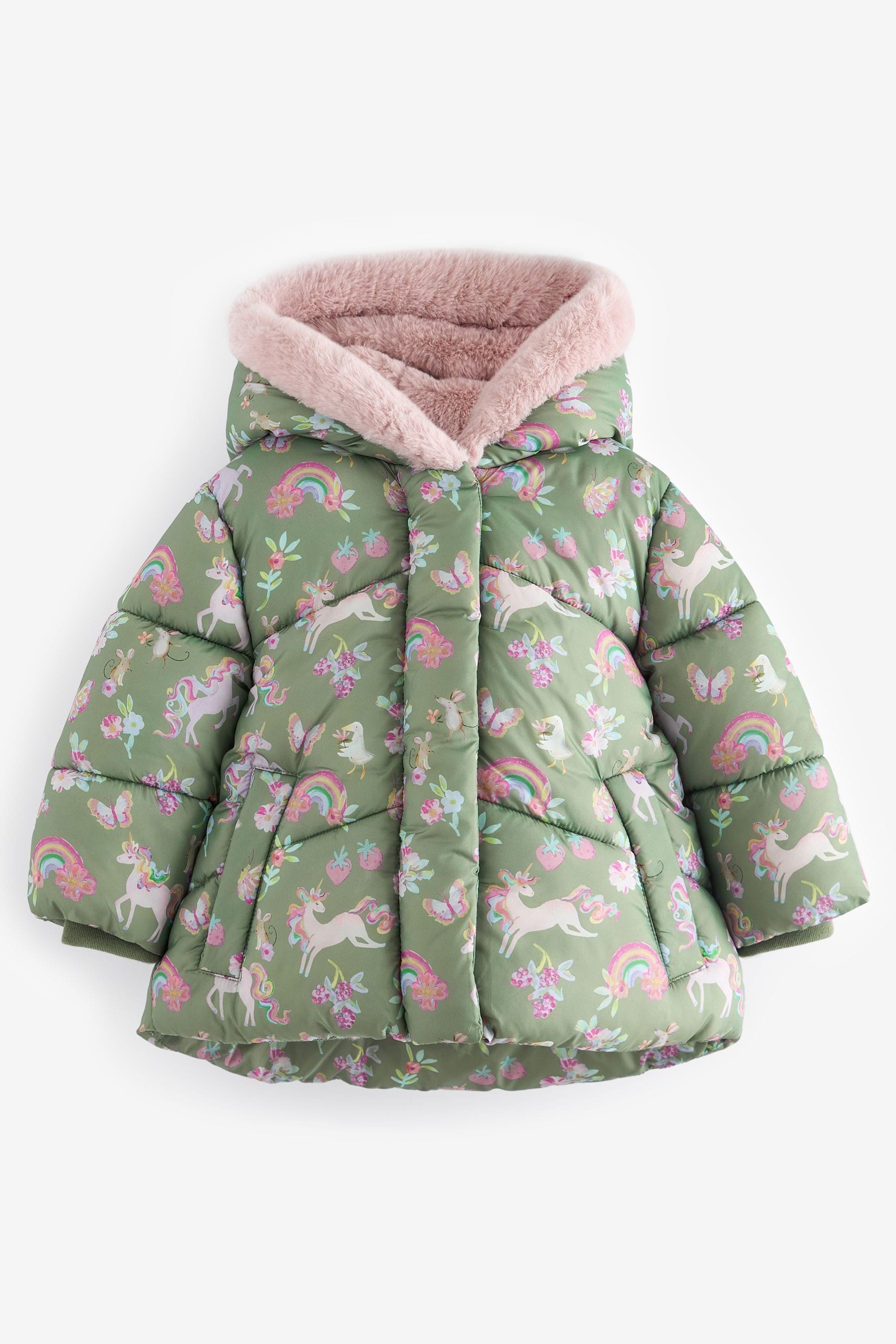 Khaki Unicorn Shower Resistant Faux Fur Lined Hooded Padded Coat (3mths-7yrs)