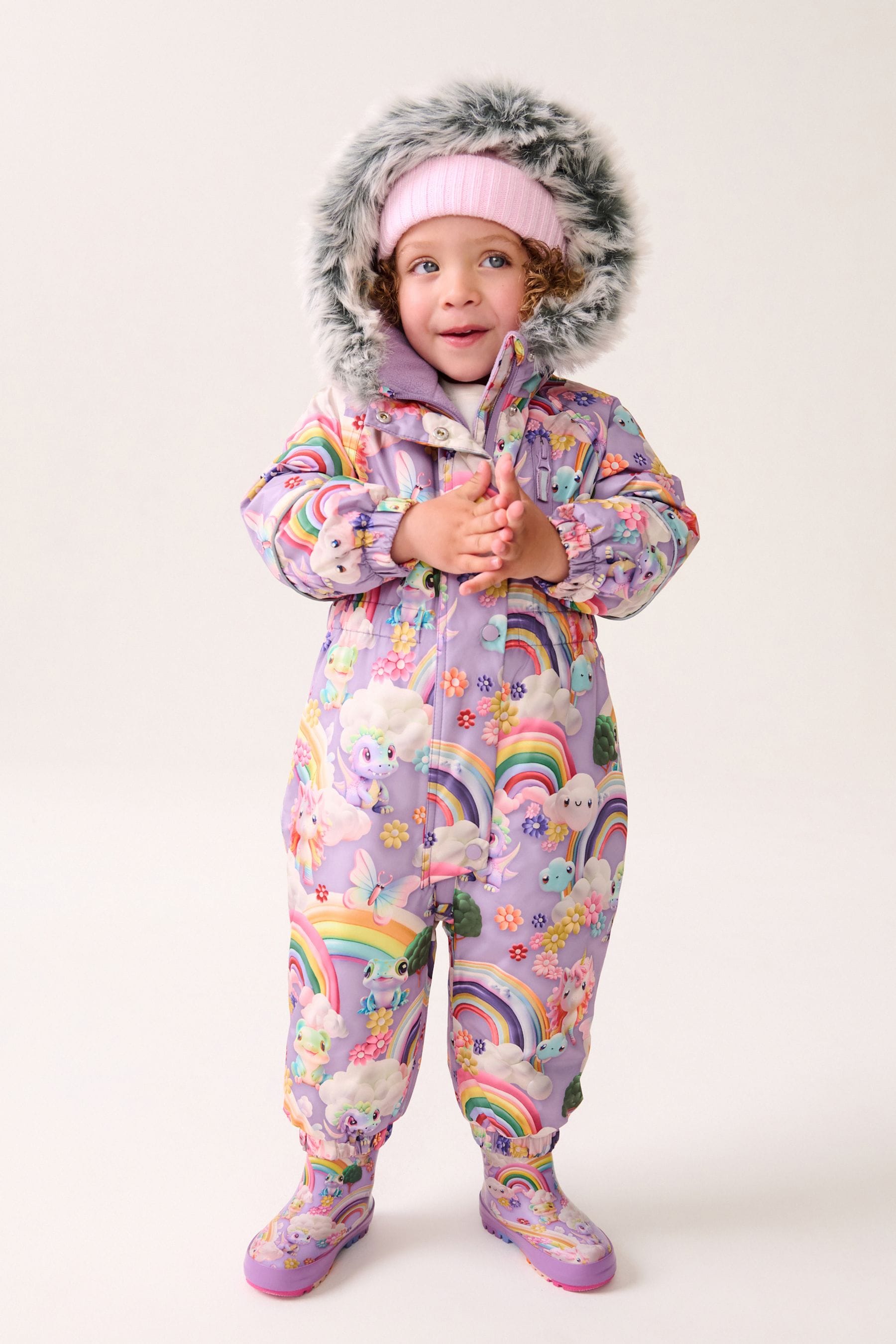 Purple Unicorn Waterproof Faux Fur Trim Printed Snowsuit (3mths-7yrs)