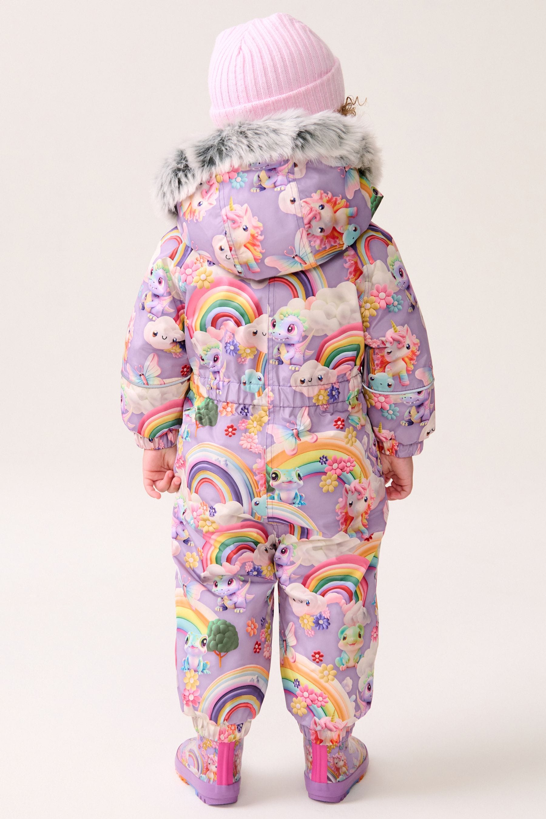 Purple Unicorn Waterproof Faux Fur Trim Printed Snowsuit (3mths-7yrs)