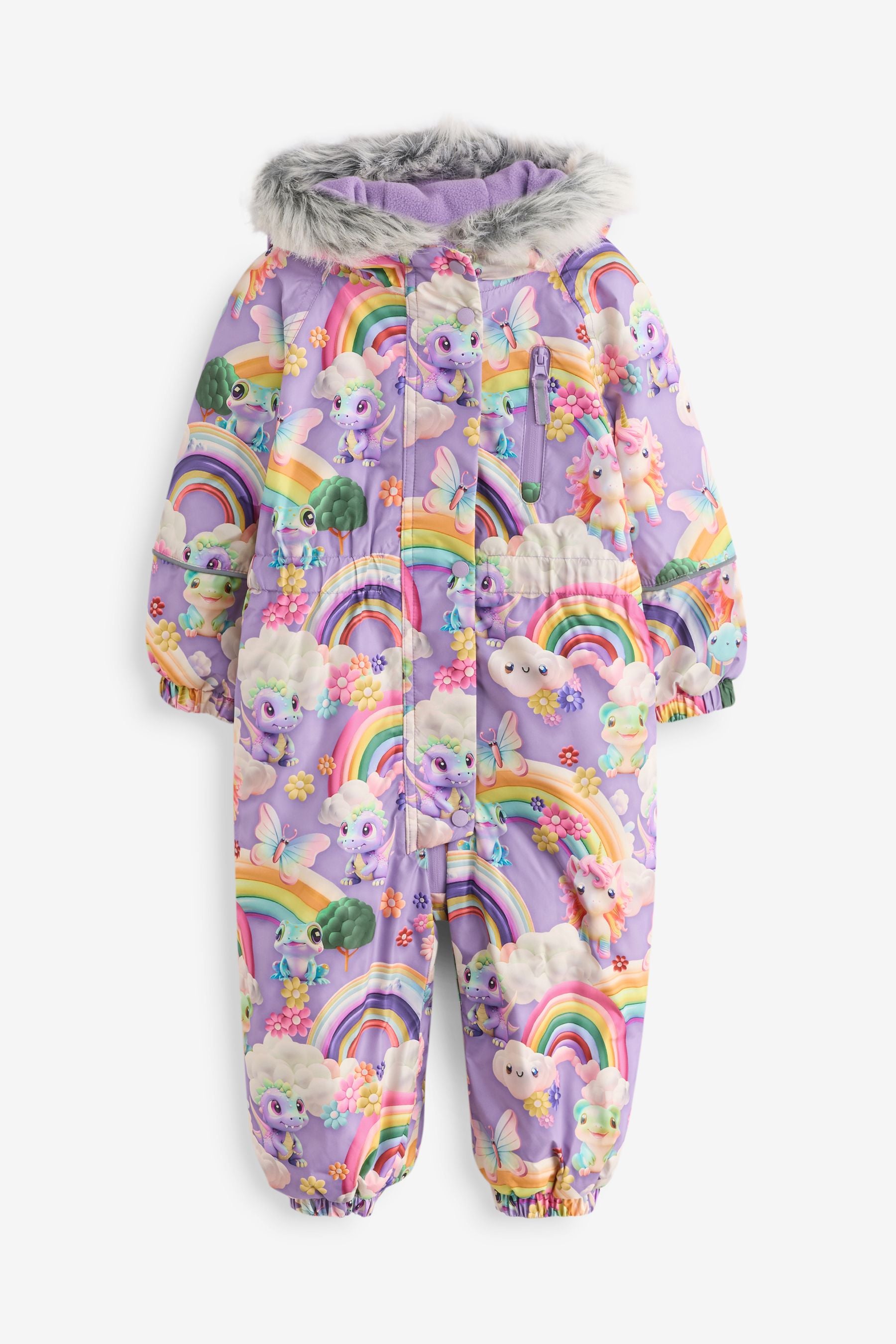 Purple Unicorn Waterproof Faux Fur Trim Printed Snowsuit (3mths-7yrs)