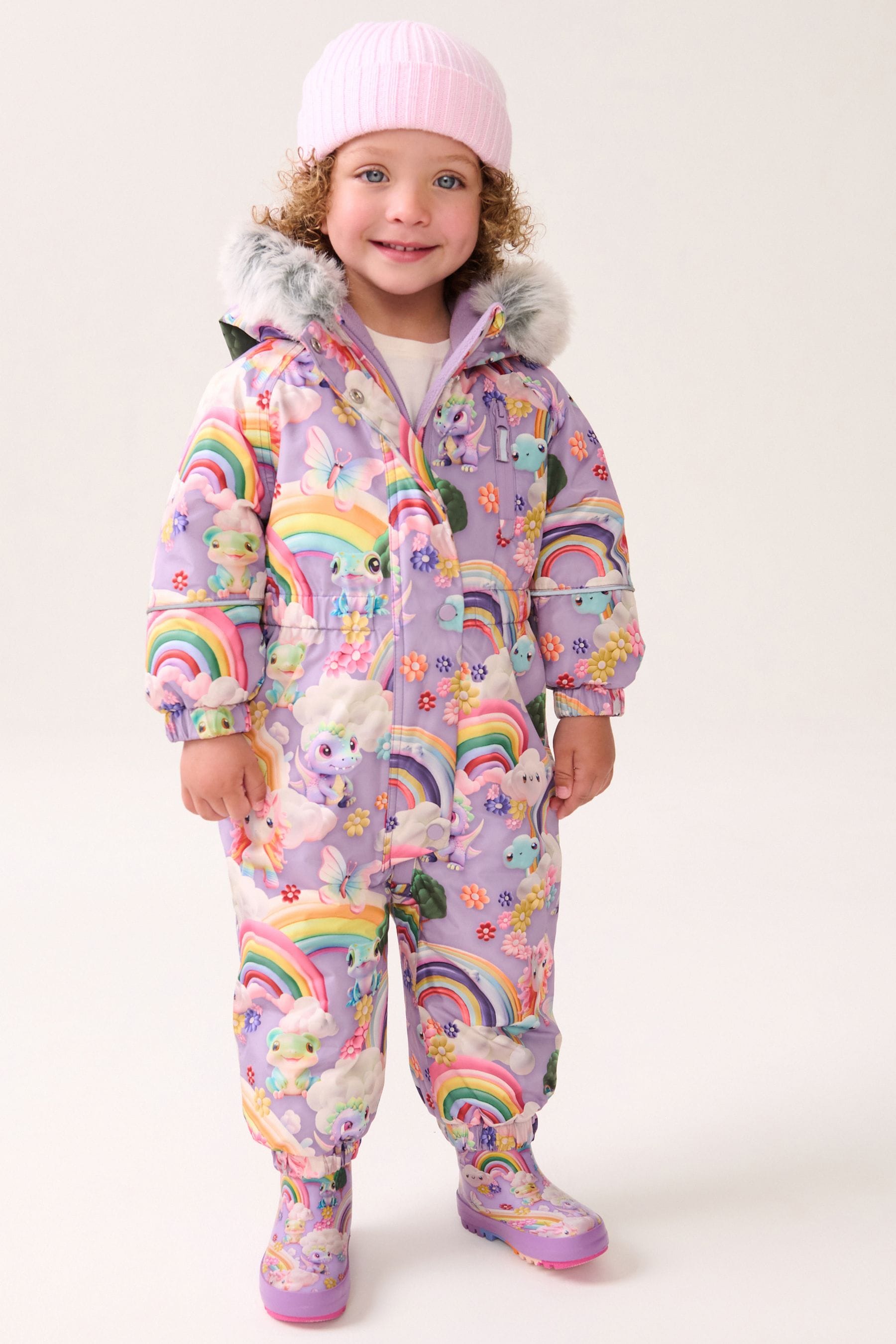 Purple Unicorn Waterproof Faux Fur Trim Printed Snowsuit (3mths-7yrs)