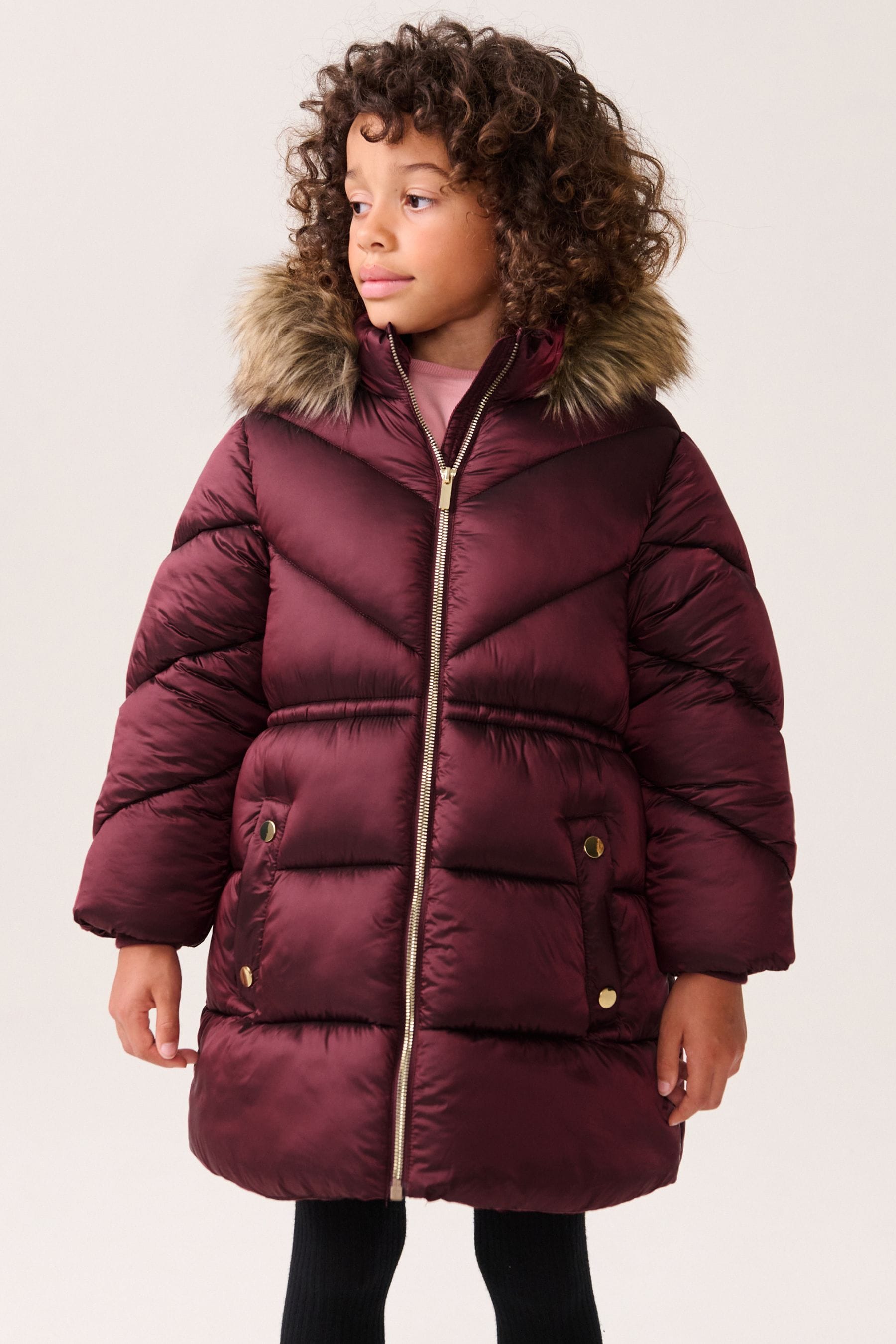 Berry Shower Resistant Faux Fur Trim Padded Coat (3-16yrs)