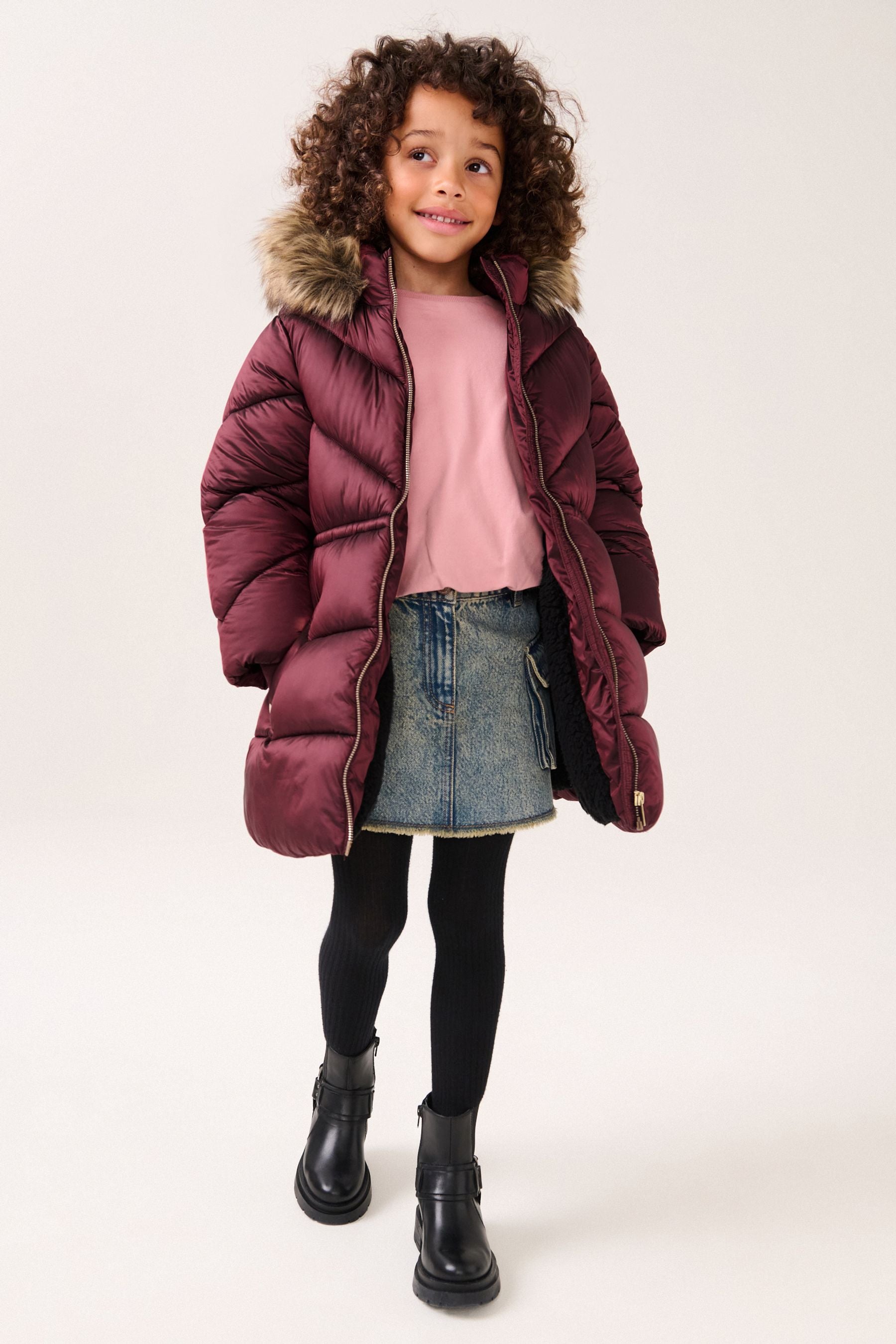 Berry Shower Resistant Faux Fur Trim Padded Coat (3-16yrs)