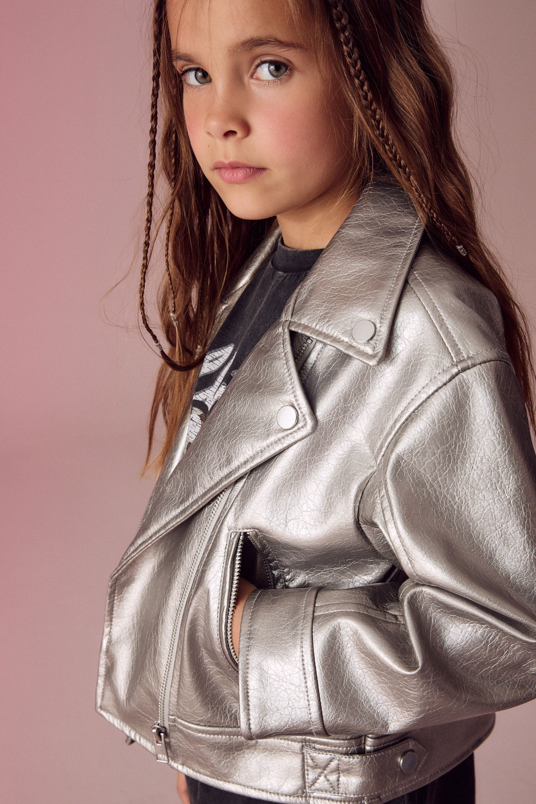 Silver PU Biker Jacket (3-16yrs)