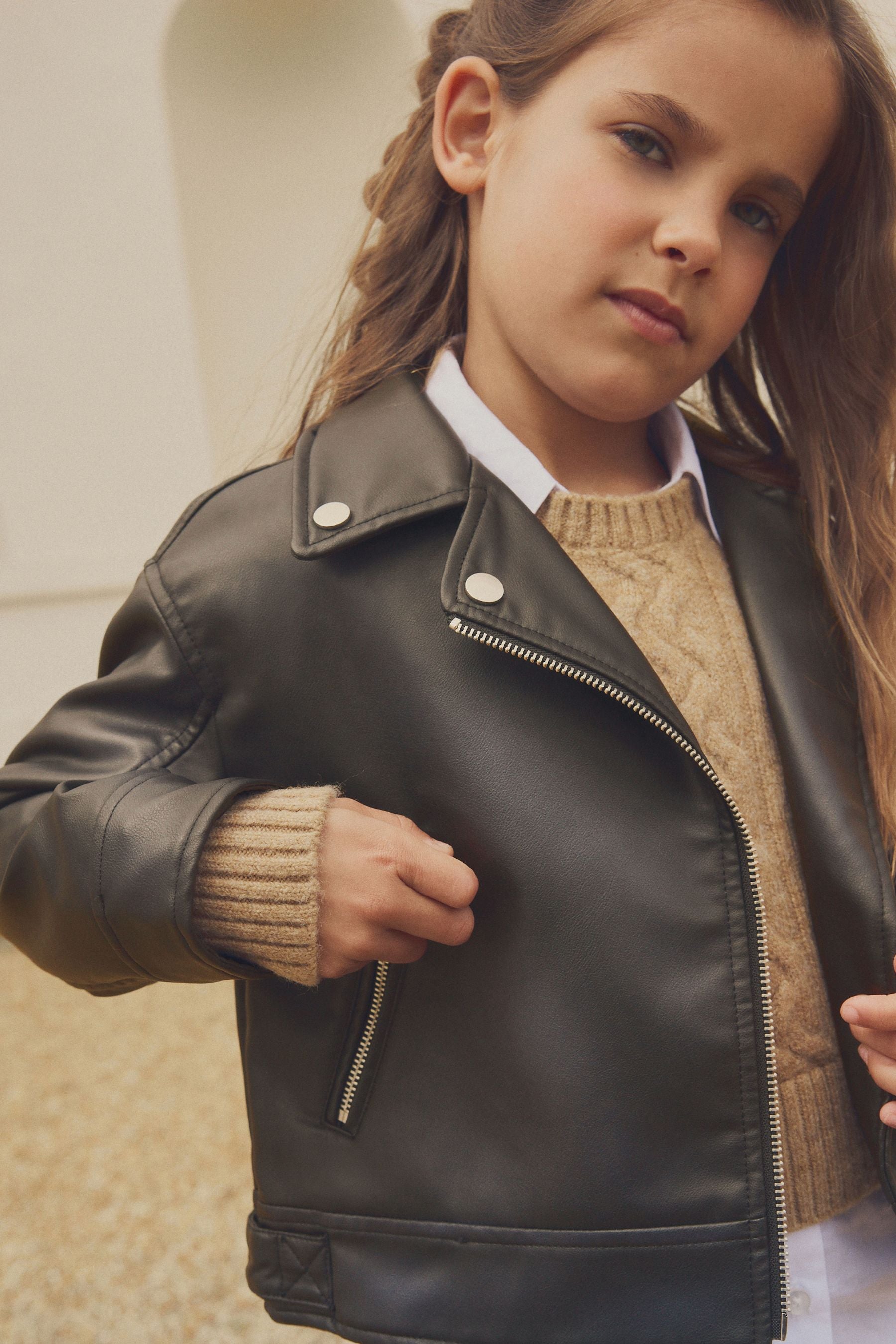 Black/Brown PU Biker Jacket (3-16yrs)