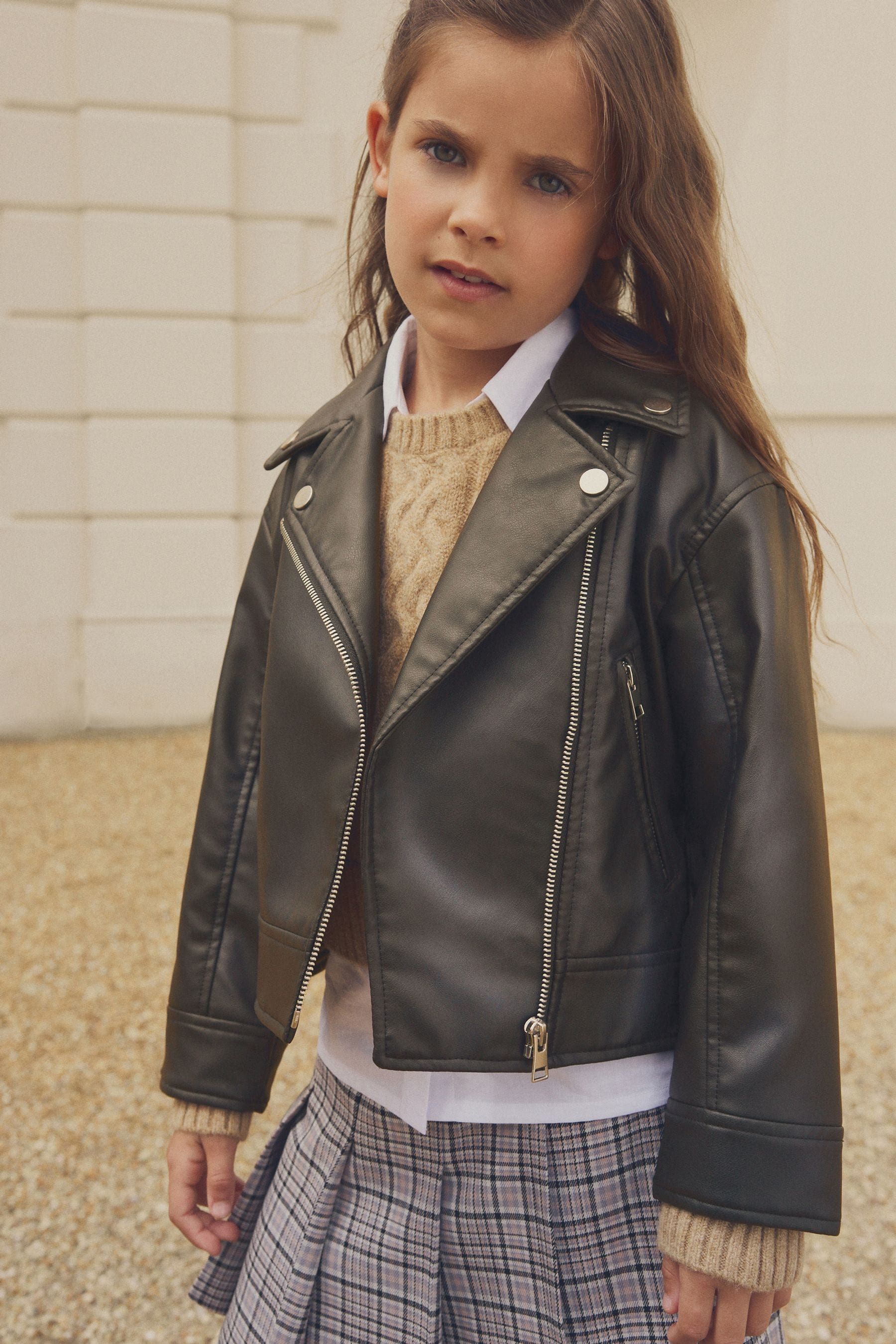 Black/Brown PU Biker Jacket (3-16yrs)