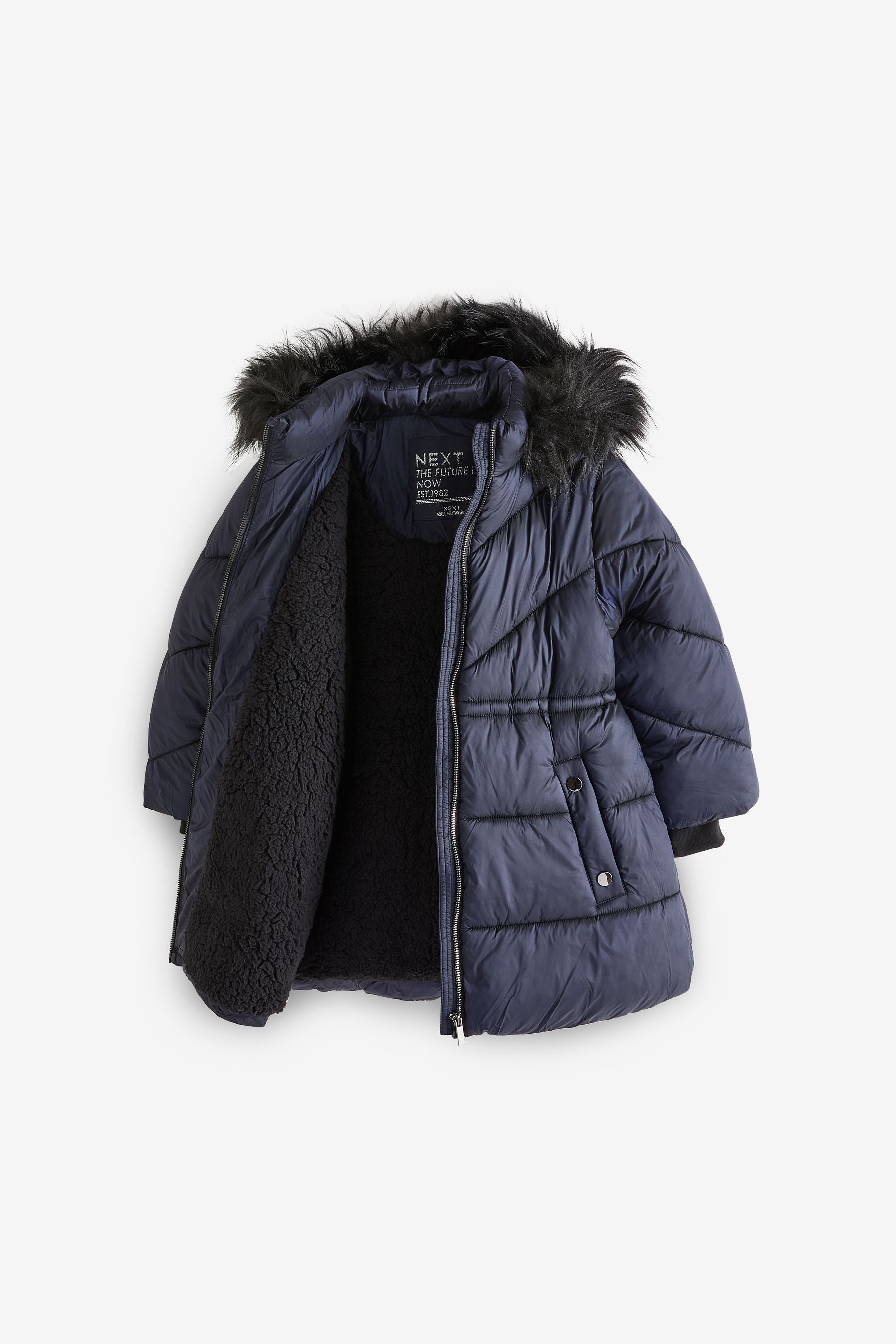 Navy Shower Resistant Faux Fur Trim Padded Coat (3-16yrs)