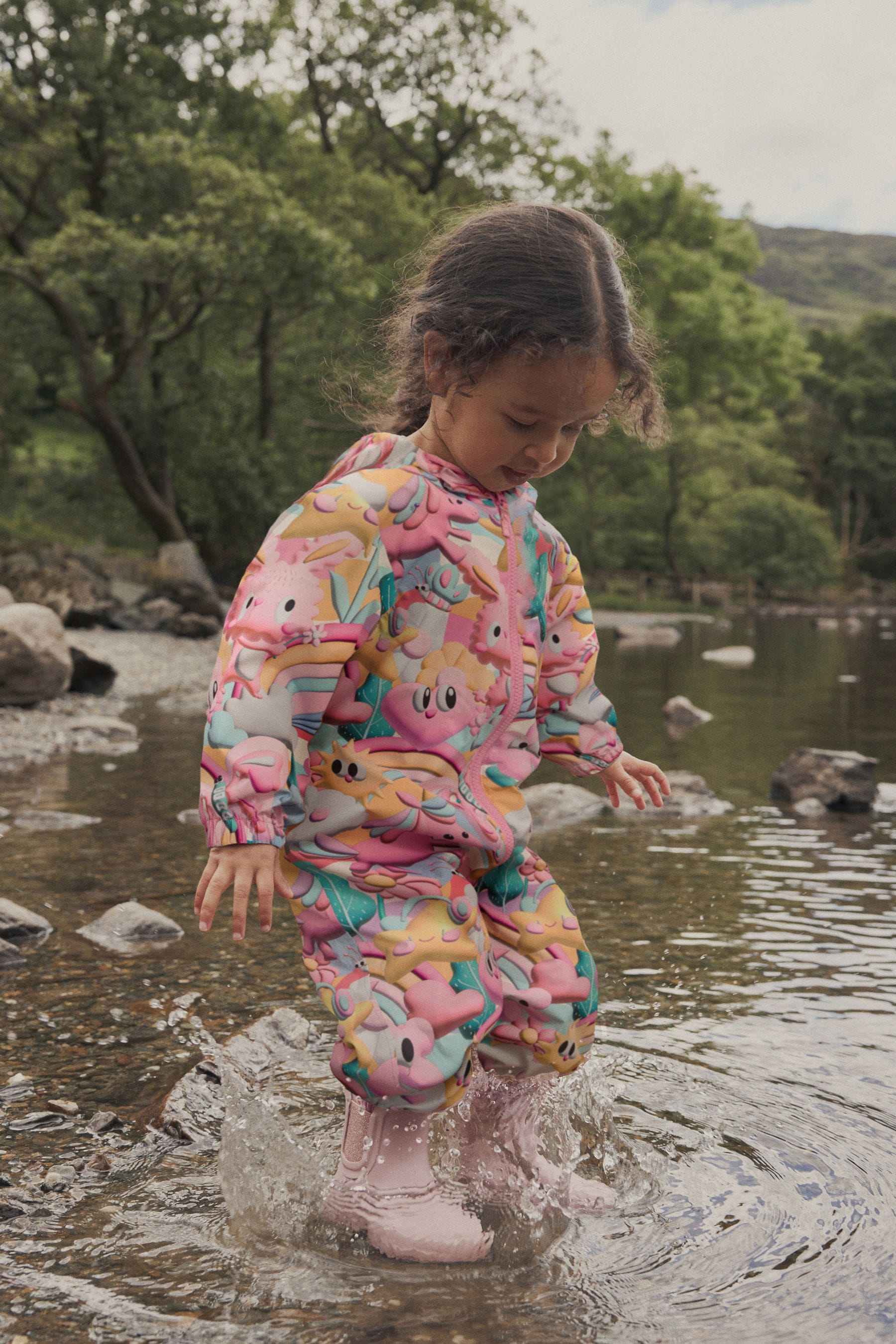 Pink Zip Lined Hooded Waterproof Printed Puddlesuit (3mths-7yrs)