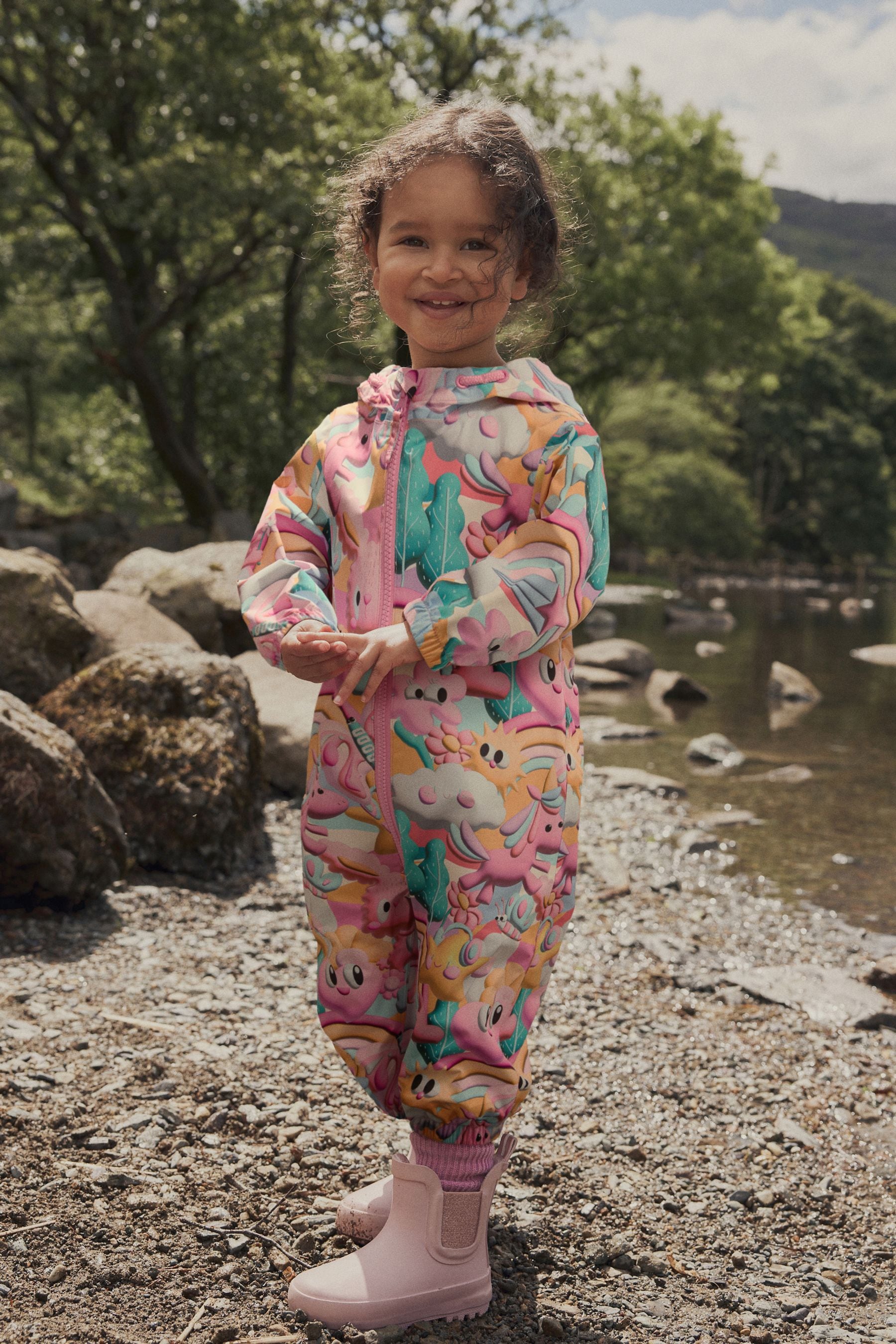 Pink Zip Lined Hooded Waterproof Printed Puddlesuit (3mths-7yrs)