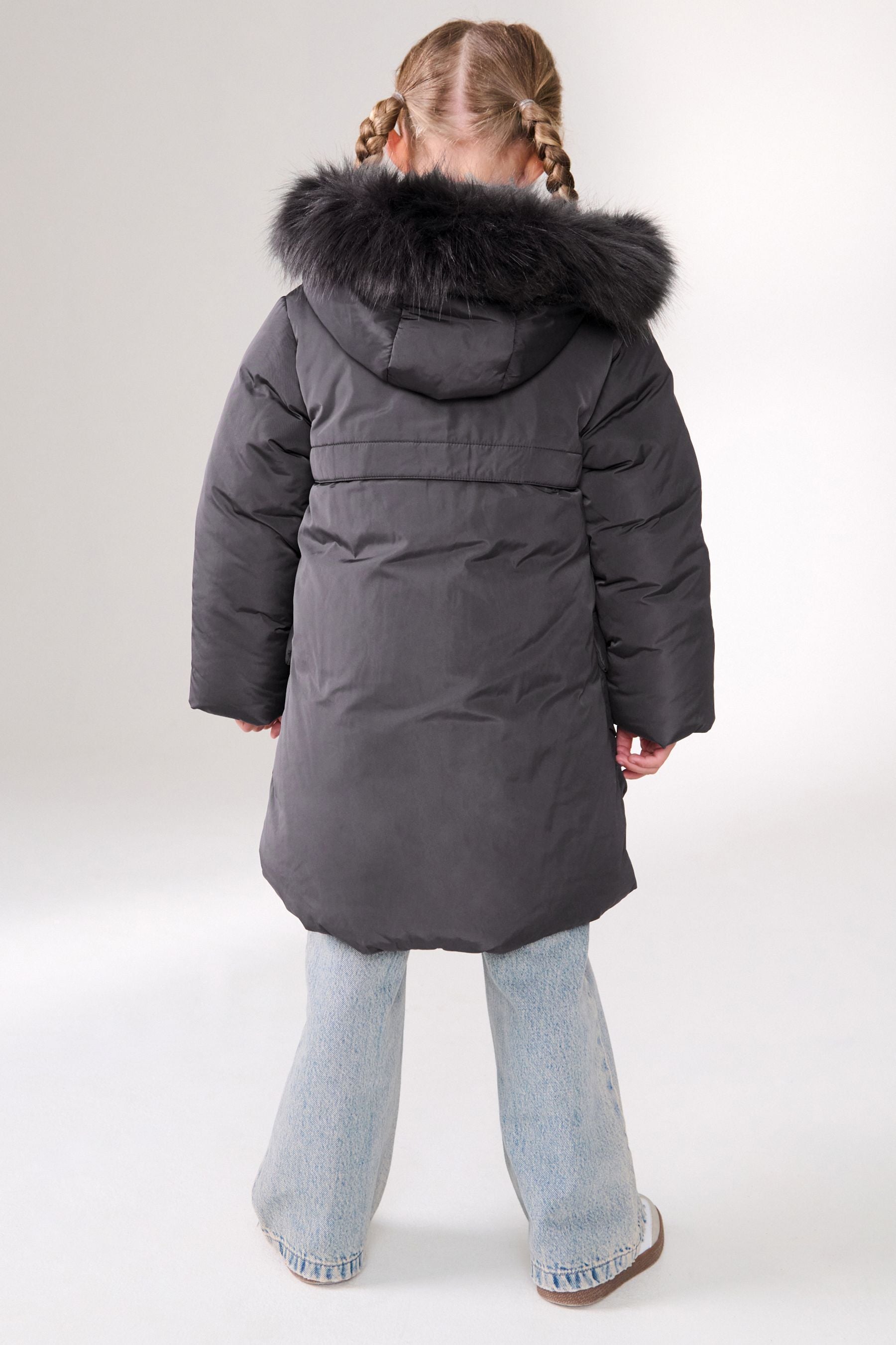 Charcoal Grey Shower Resistant Faux Fur Trim Padded Coat (3-16yrs)