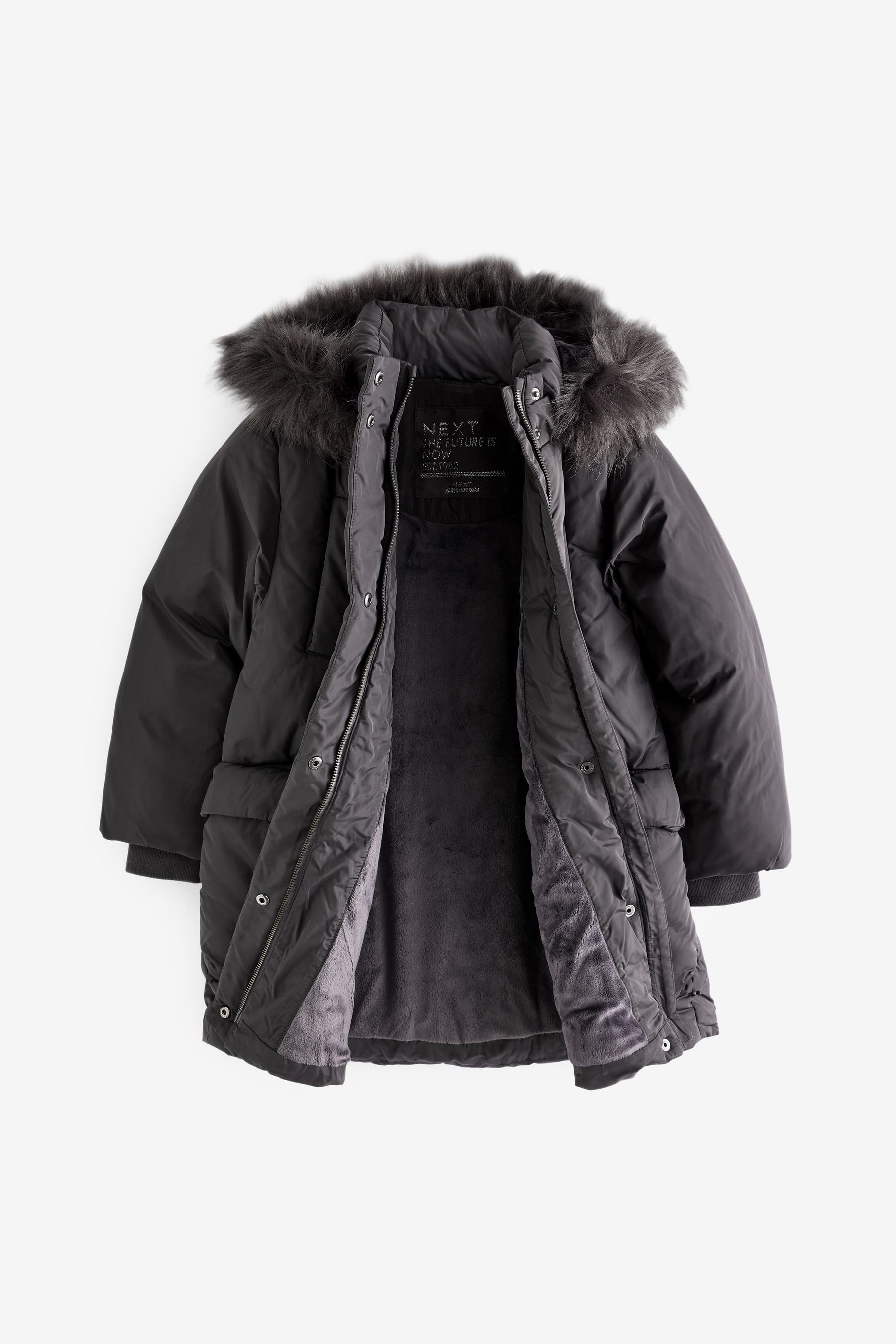 Charcoal Grey Shower Resistant Faux Fur Trim Padded Coat (3-16yrs)