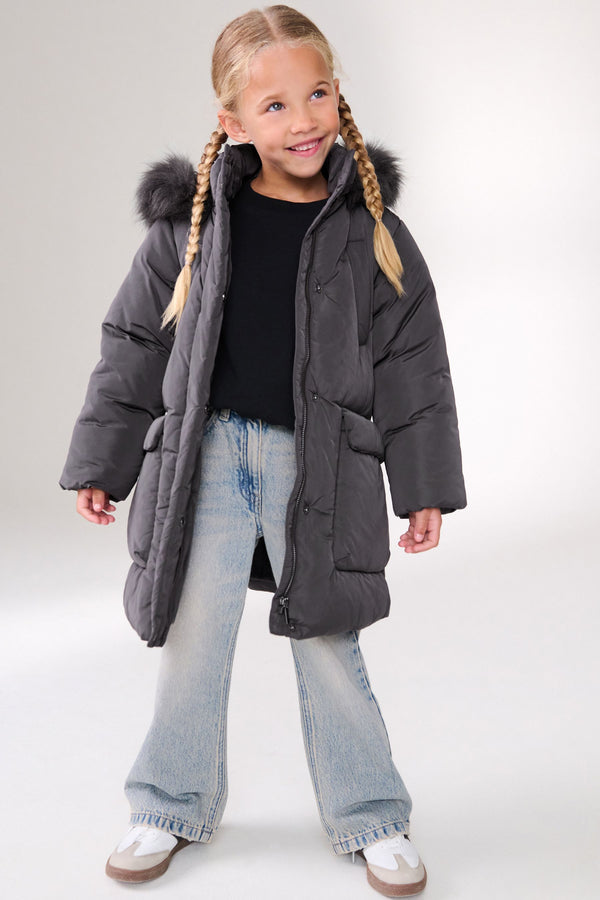 Charcoal Grey Shower Resistant Faux Fur Trim Padded Coat (3-16yrs)