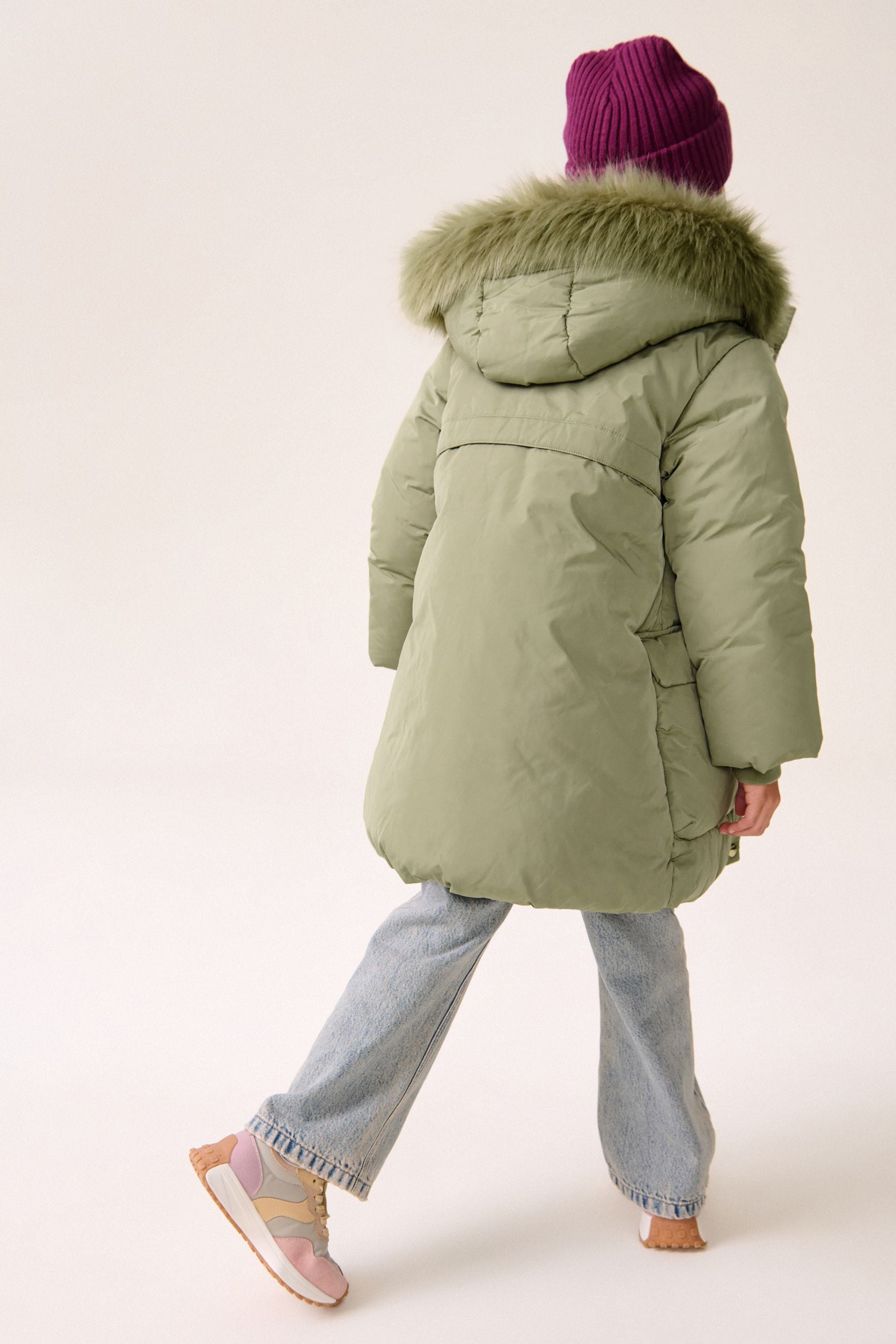 Green Shower Resistant Faux Fur Trim Padded Coat (3-16yrs)