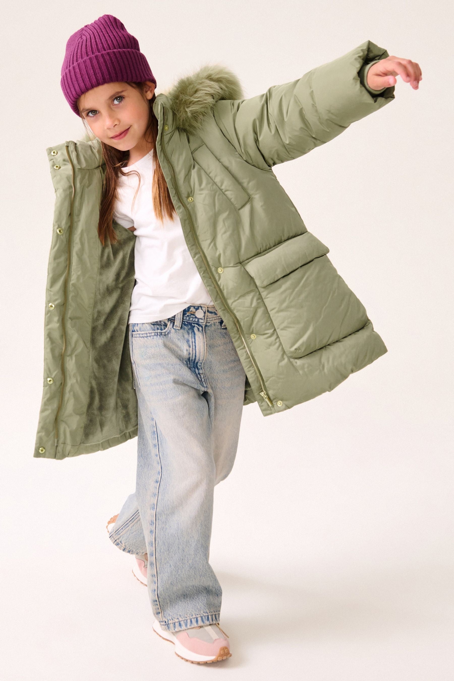 Green Shower Resistant Faux Fur Trim Padded Coat (3-16yrs)