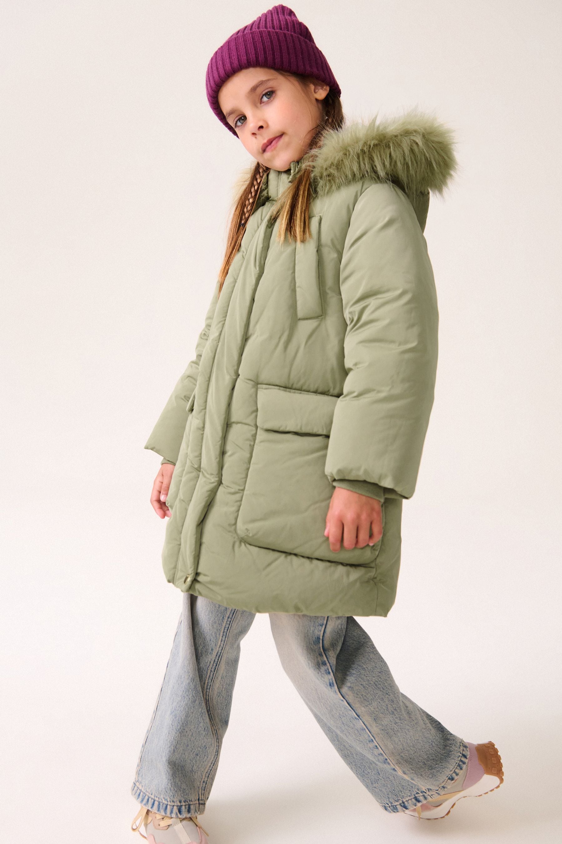 Green Shower Resistant Faux Fur Trim Padded Coat (3-16yrs)