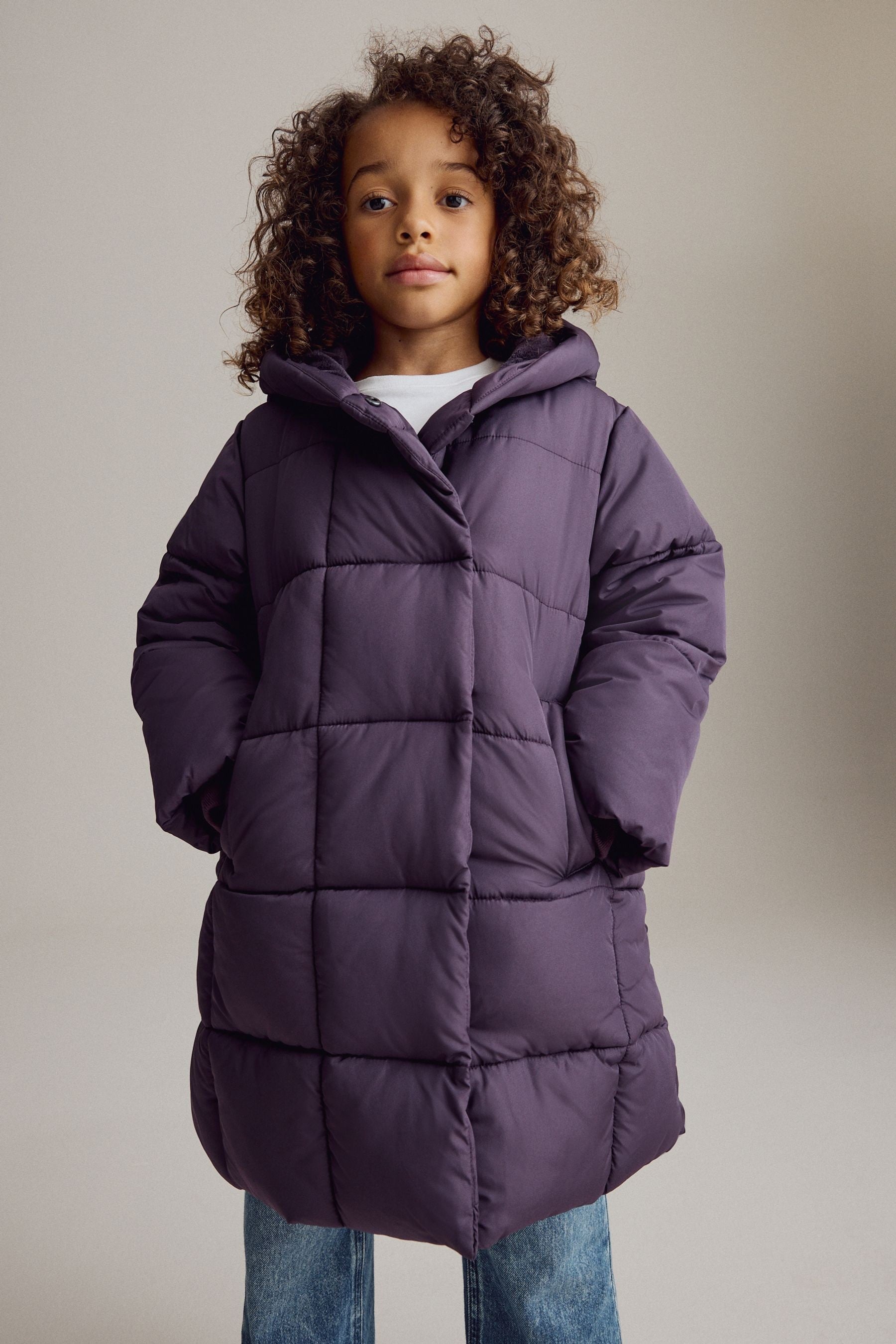 Purple Regular Length Shower Resistant Fur Lined Hooded Padded Coat (3-16yrs)