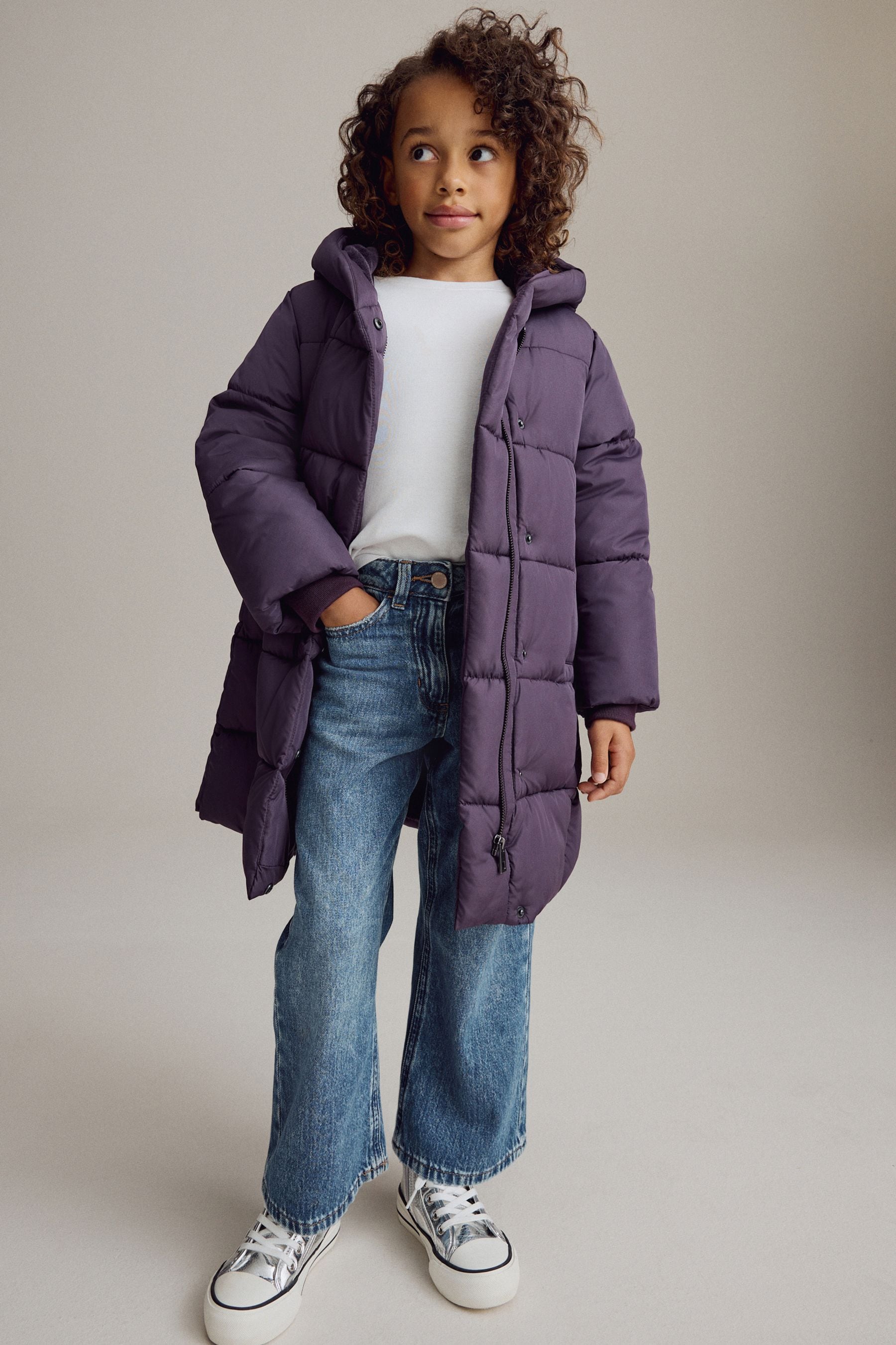 Purple Regular Length Shower Resistant Fur Lined Hooded Padded Coat (3-16yrs)