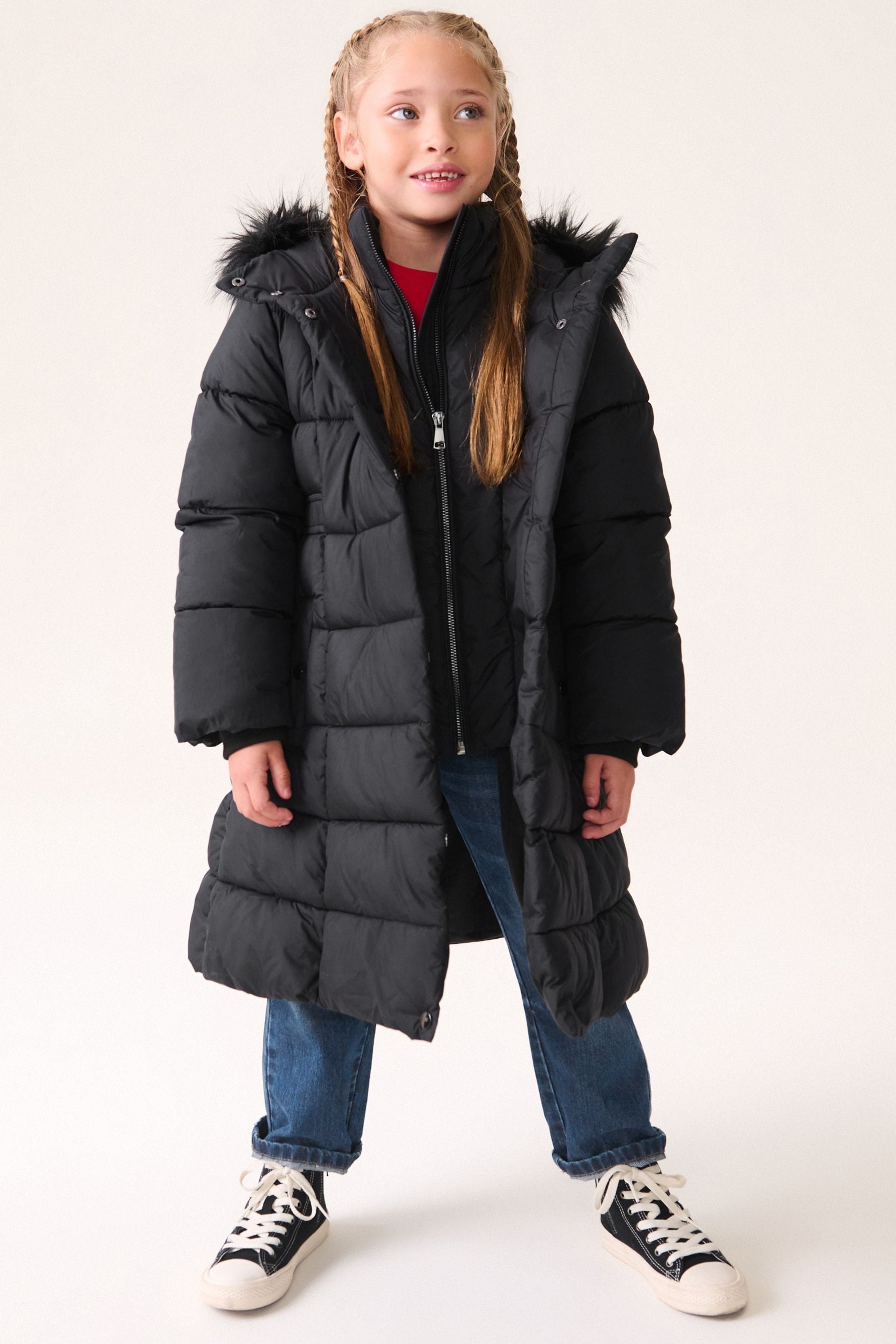 Black Shower Resistant Faux Fur Trim Double Layer Padded Coat (3-16yrs)