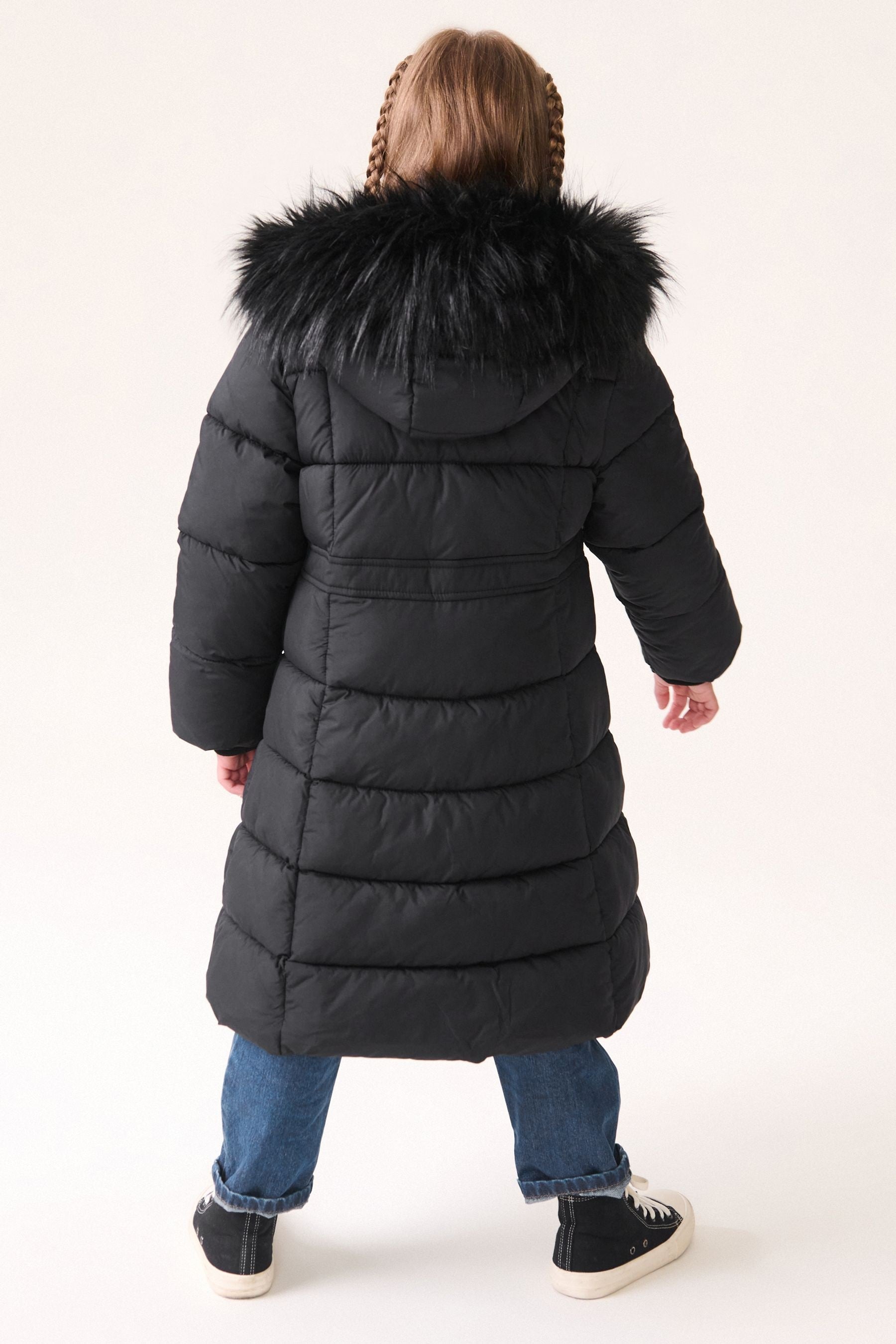 Black Shower Resistant Faux Fur Trim Double Layer Padded Coat (3-16yrs)