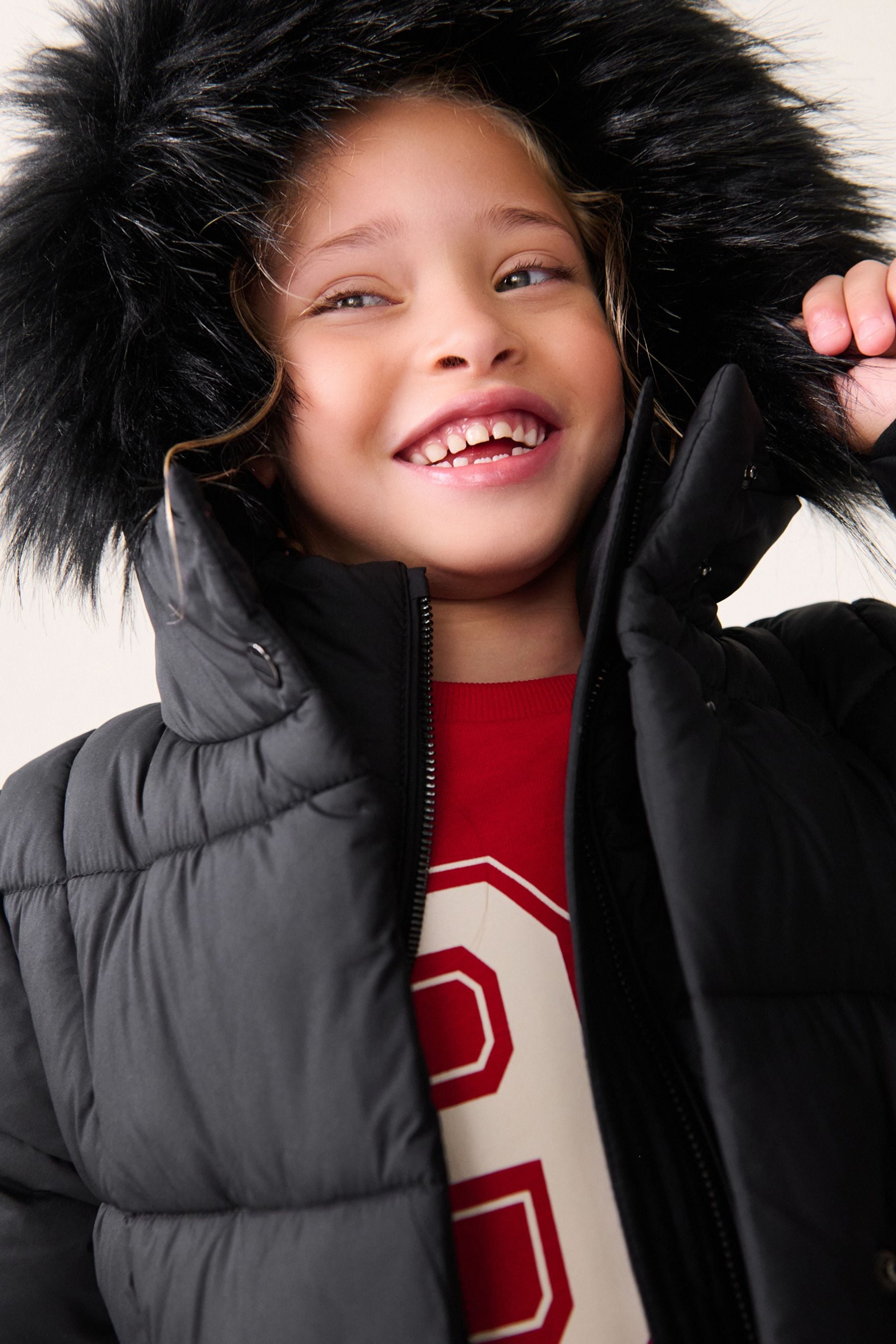 Black Shower Resistant Faux Fur Trim Double Layer Padded Coat (3-16yrs)