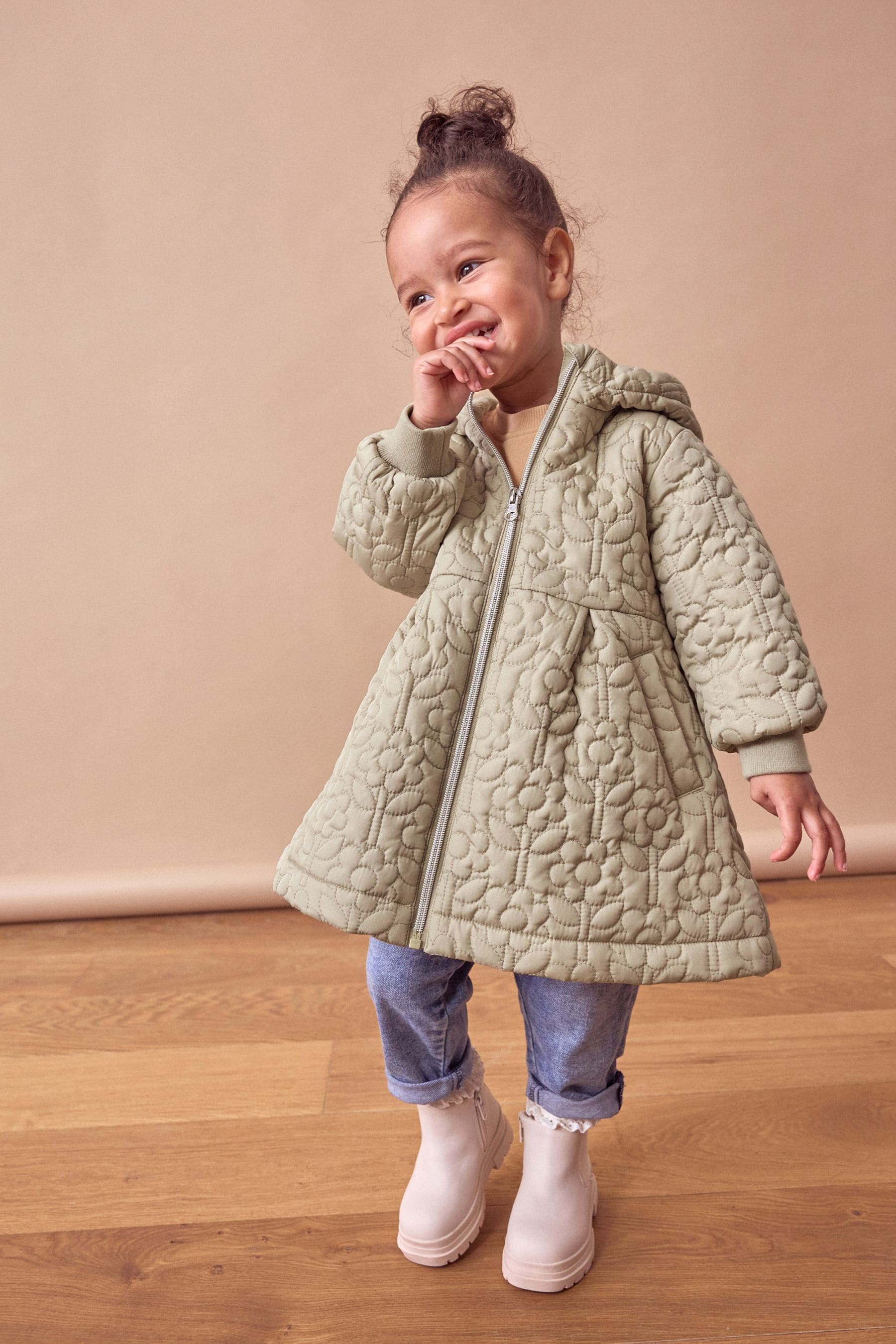 Sage Green Flower Shower Resistant Skirted Quilted Coat (3mths-7yrs)