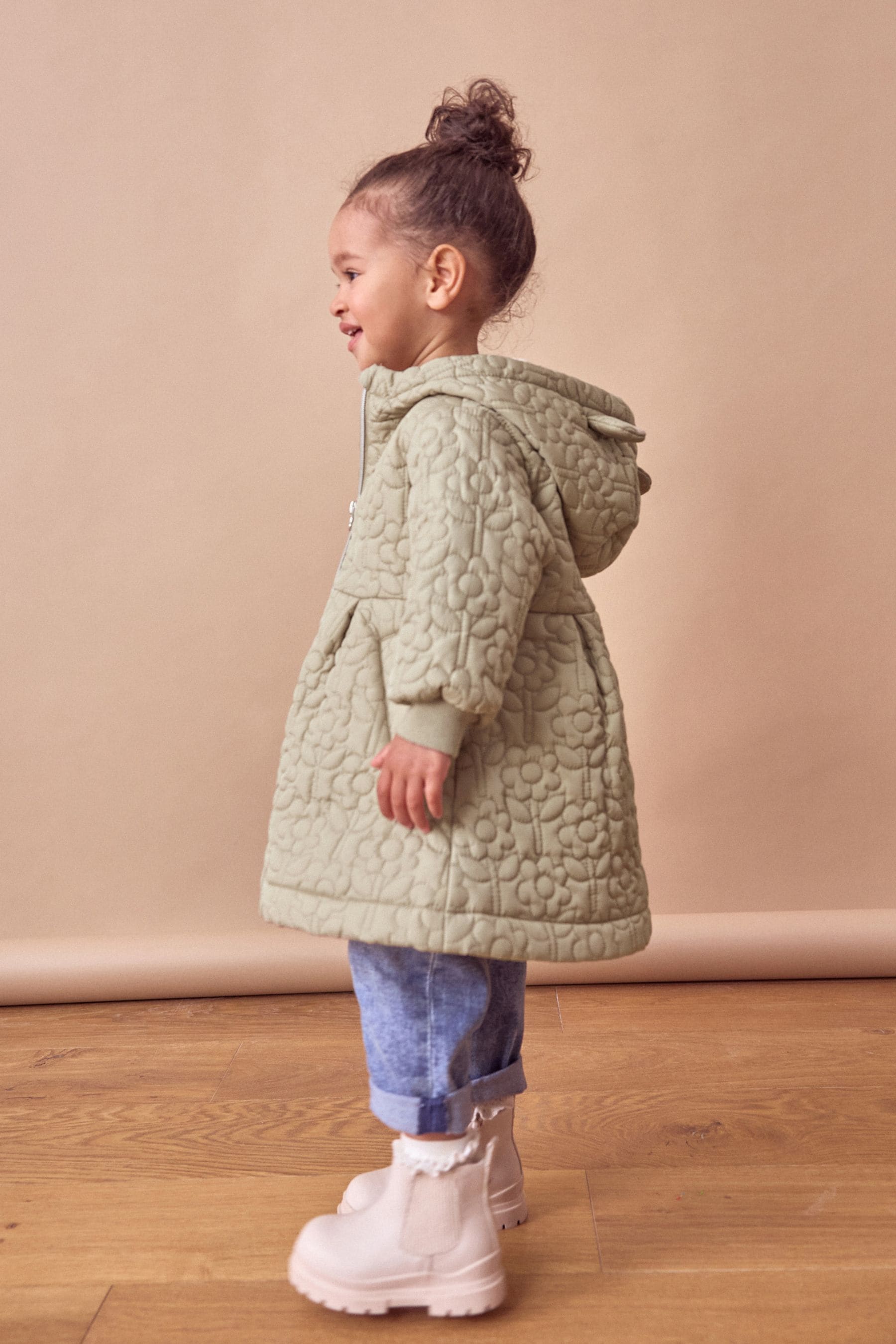 Sage Green Flower Hooded Shower Resistant Lined Quilted Coat (3mths-7yrs)