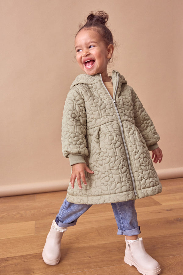 Sage Green Flower Hooded Shower Resistant Lined Quilted Coat (3mths-7yrs)