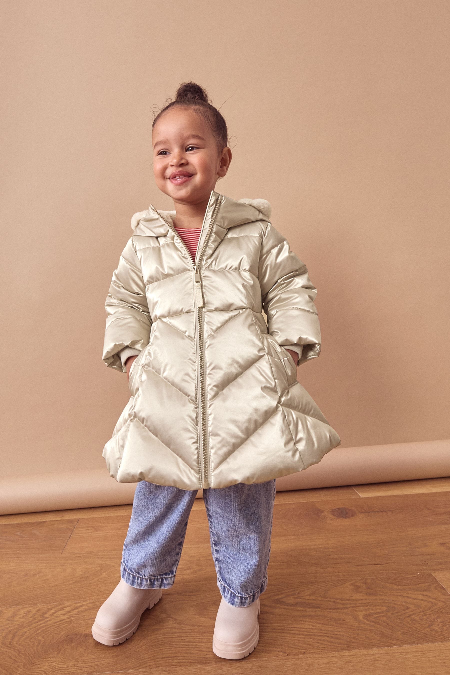 Gold Shower Resistant Metallic Skirted Coat/bow Pocket/Cosy Faux Fur lining/Fleece ined Pockets (6mths-7yrs)