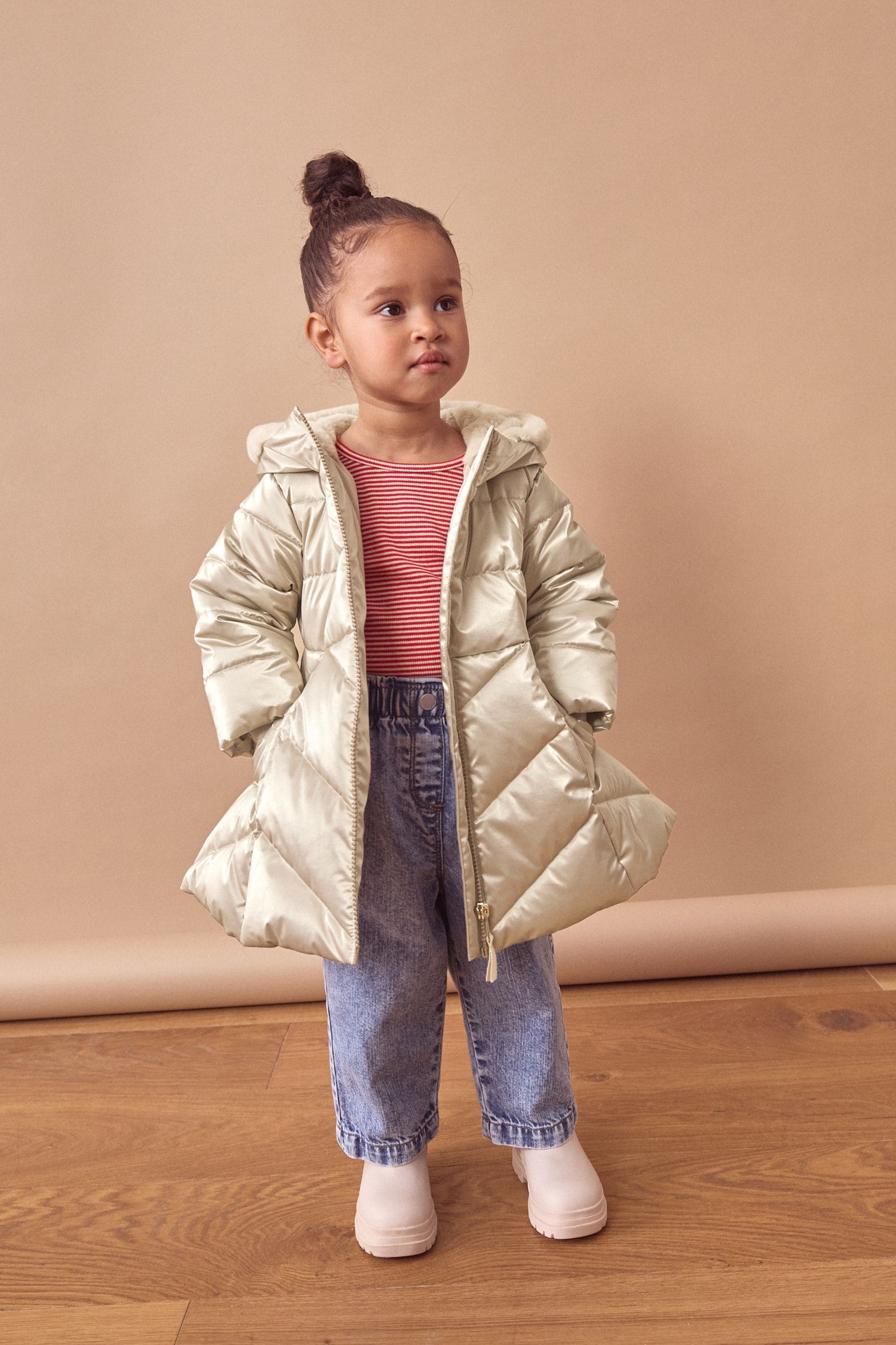 Gold Shower Resistant Metallic Skirted Coat/bow Pocket/Cosy Faux Fur lining/Fleece ined Pockets (6mths-7yrs)