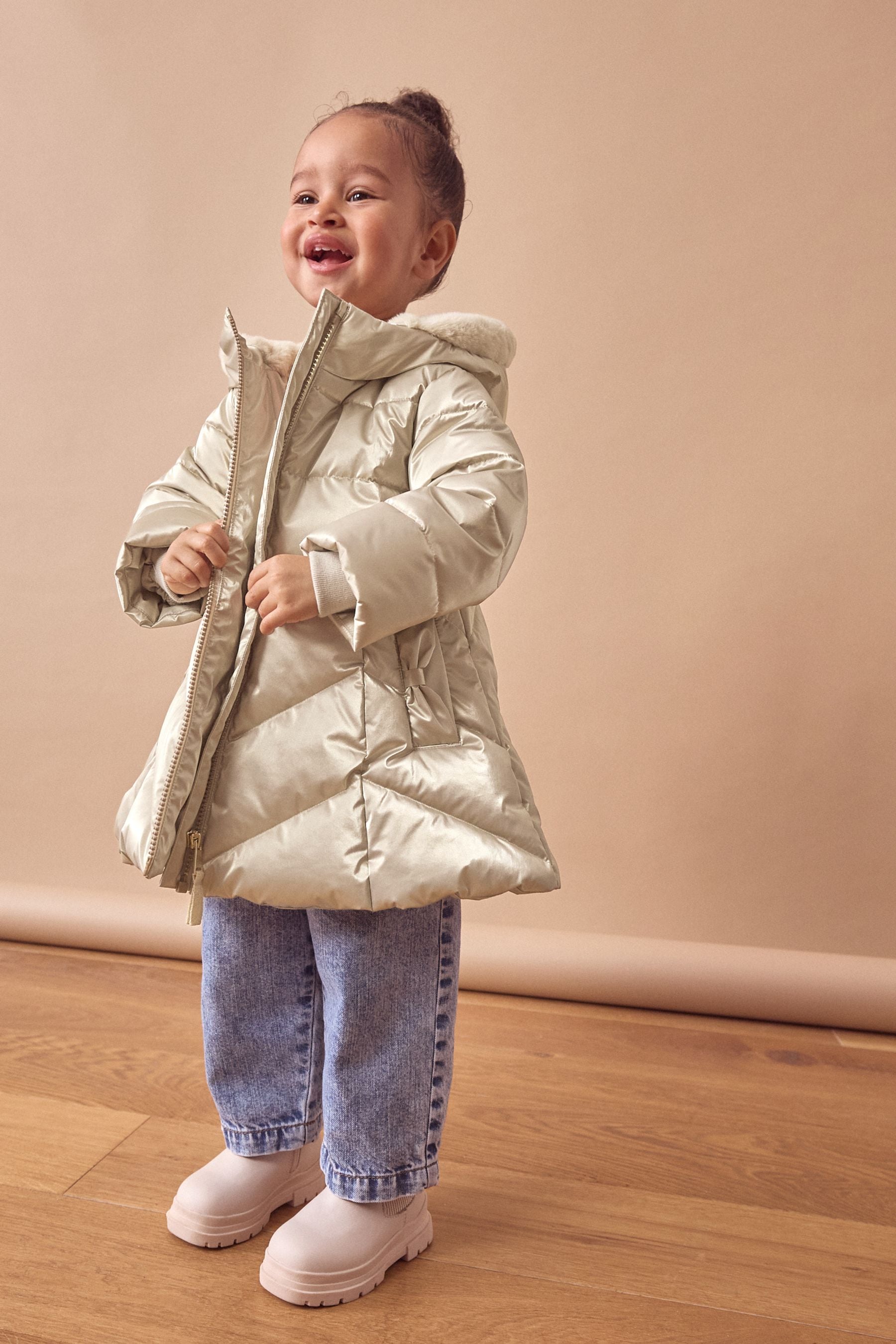 Gold Shower Resistant Metallic Skirted Coat/bow Pocket/Cosy Faux Fur lining/Fleece ined Pockets (6mths-7yrs)